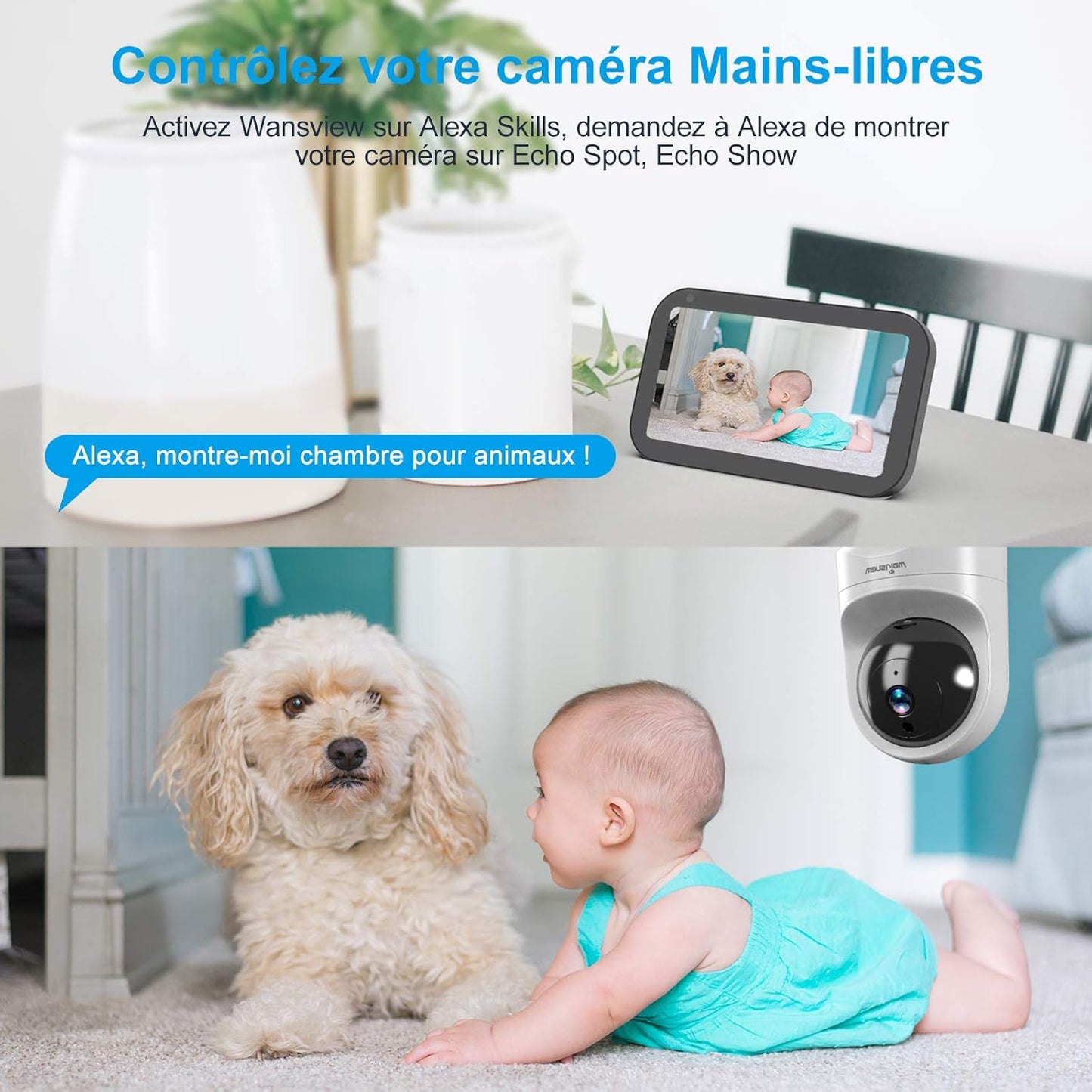 Videocamera Di Sorveglianza, Wifi 1080P per Bambini, Anziani, Animali Domestici, Monitor Con Rilevamento Di Movimento, Visione Notturna E Funzionamento Con Alexa Q6, Bianco