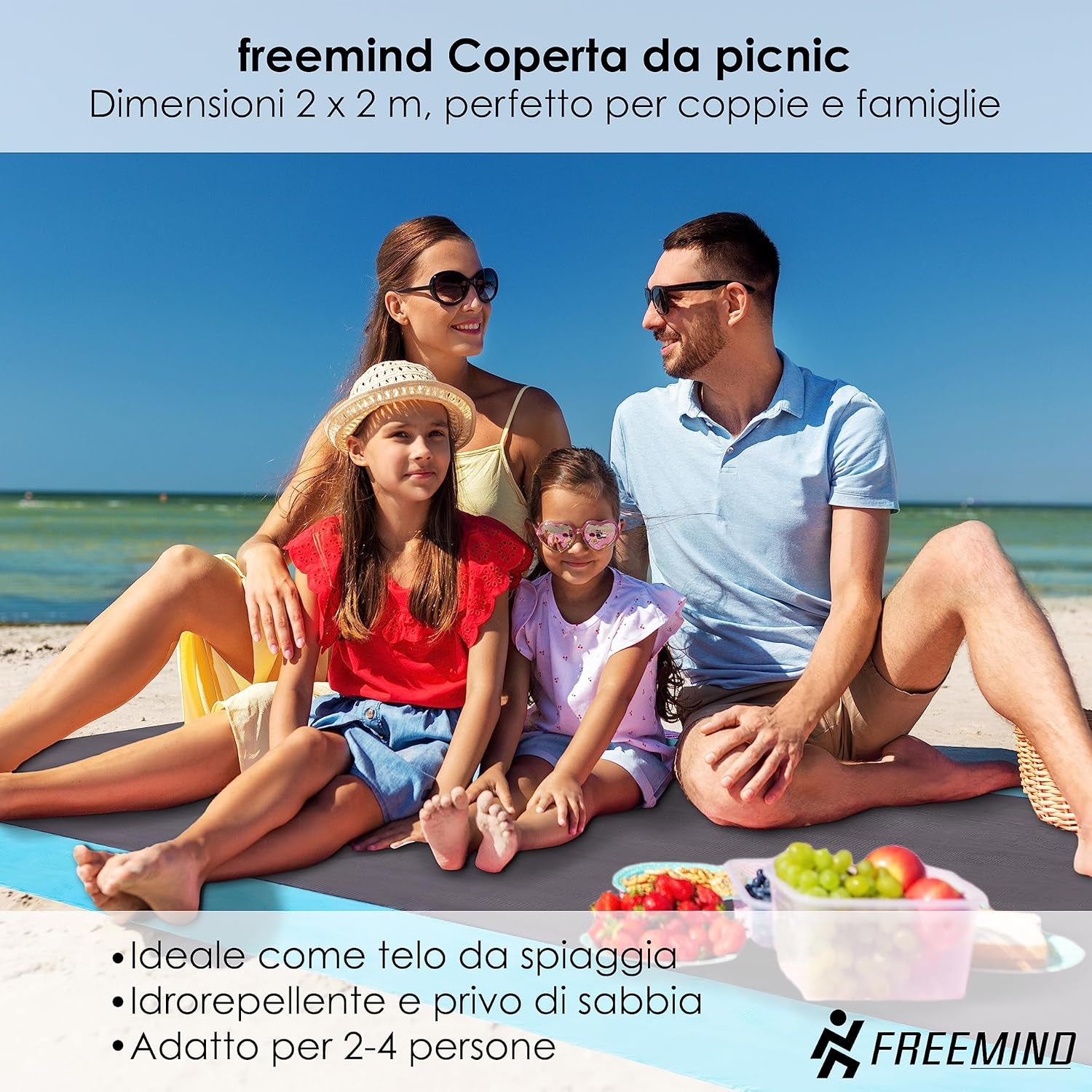 ® XXL Coperta Da Picnic, Spiaggia, Viaggio, Ultraleggera, Sottile, 2 X 2 M, Impermeabile, Compatta, Senza Sabbia, per Campeggio, Mare, Con Custodia, 4 Picchetti, Moschettone