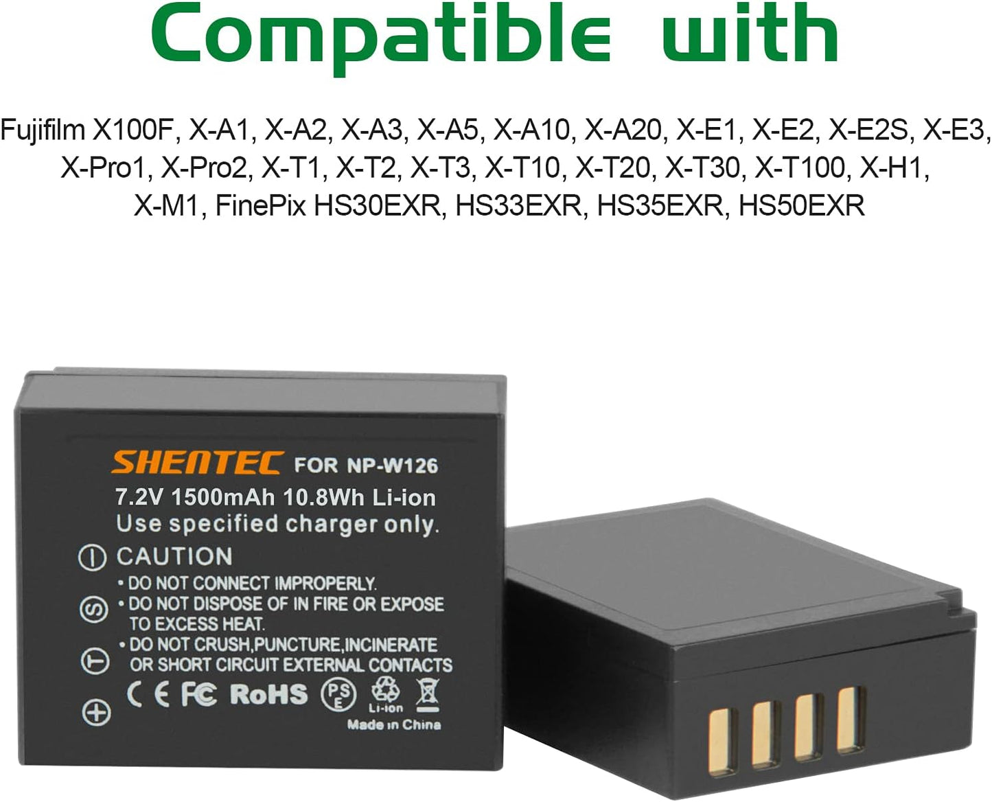 2X  Batteria NP-W126 Compatibile Con Fujifilm NP-W126 NP-W126S X100F X-A1 X-A2 X-A3 X-A5 X-A10 X-E2 X-E2S X-Pro1 X-Pro2 X-T1 X-T2 X-T3 X-T10 X-T20 X-T100 X-H1 Finepix HS33EXR HS50EXR