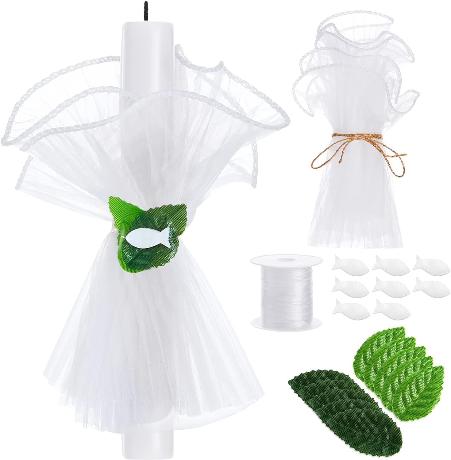Set Di Gonne Di Candele per Comunione DIY per Fare 5-8 Tulle per Candele Con Foglie Di Eucalipto Pesce Protezione Antigoccia per Candela per Comunione Battesimo, Bianco