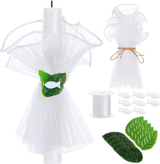 Set Di Gonne Di Candele per Comunione DIY per Fare 5-8 Tulle per Candele Con Foglie Di Eucalipto Pesce Protezione Antigoccia per Candela per Comunione Battesimo, Bianco