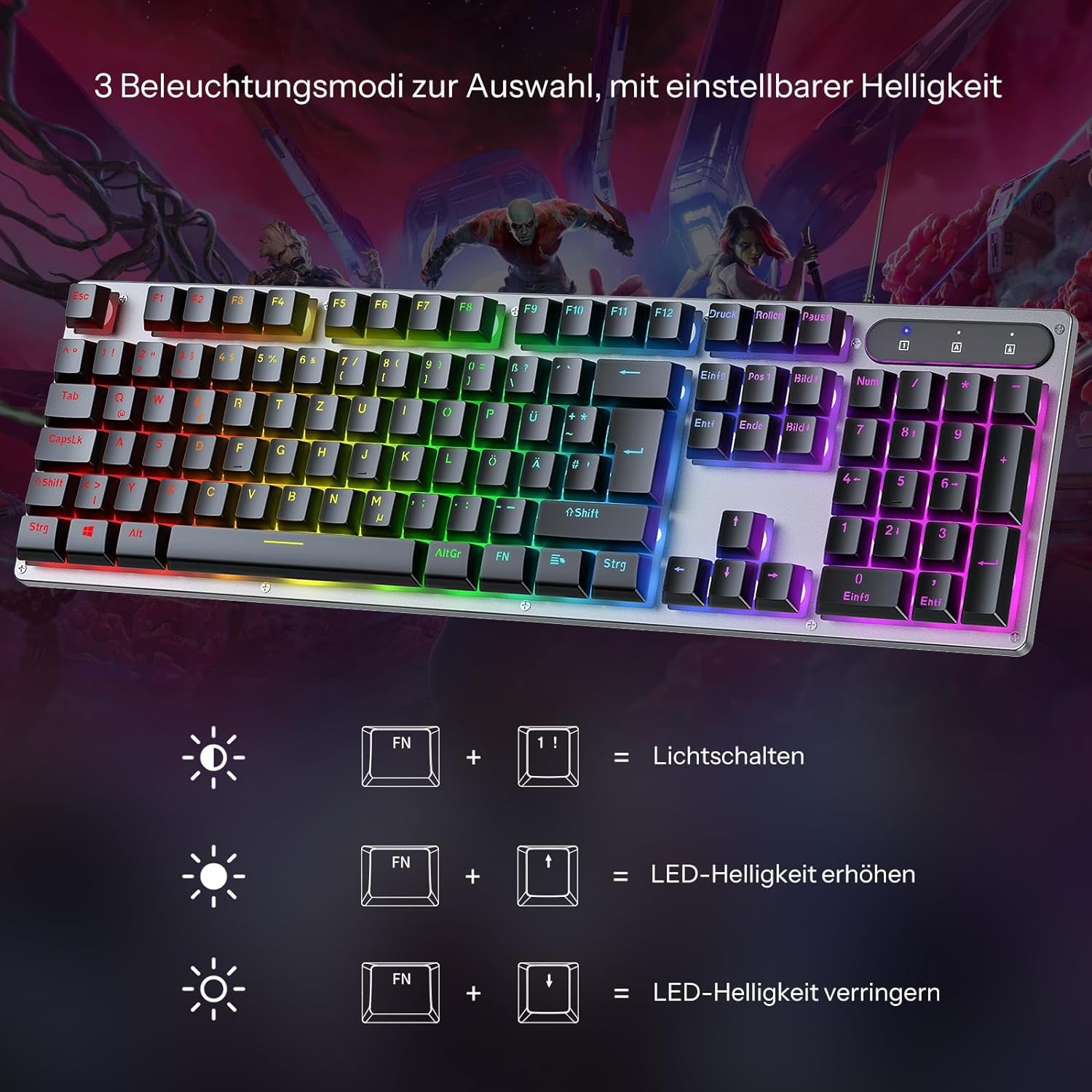 Tastiera da gioco cablata OMOTON, tastiera full-size con tasti multimediali per Windows, 26 tasti senza conflitti, layout QWERTZ tedesco