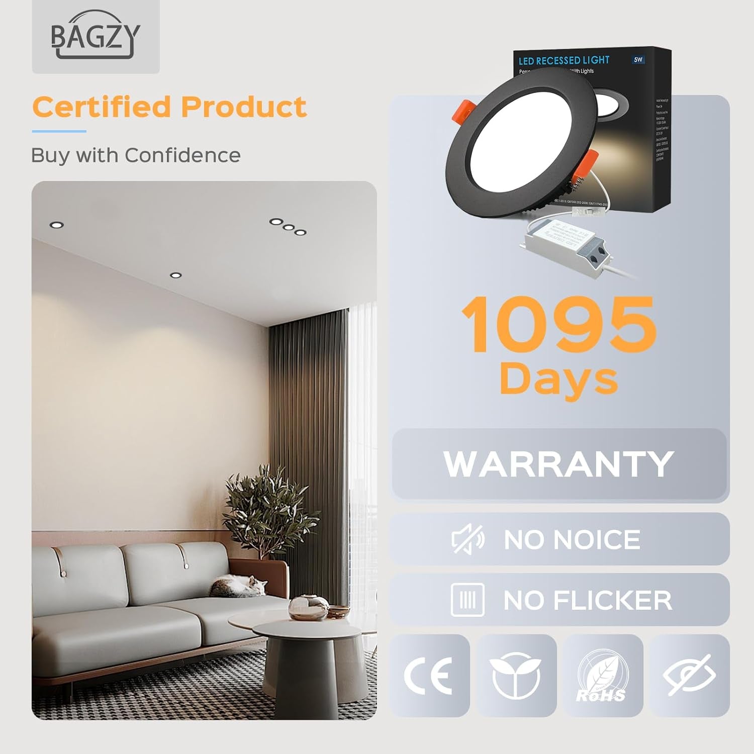 5X Faretti LED Da Incasso per Cartongesso,5W Luci Ultrasottili Da Soffitto E per L’Illuminazione Da Interno Ip44,Bianco Caldo 3000K,500 Lumen,Ac 220-240V,Foro Incasso 70-80Mm(Nero)