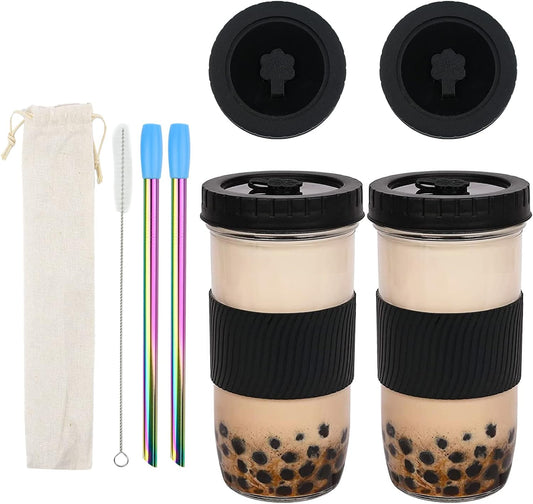 Confezione Da 2 Tazze Con Cannuccia, Tazze Da Tè Con Bolle, Tazze Da 730 Ml Con 2 Coperchi E Cannucce, Tazze Riutilizzabili per Frullati, Set Di Sciroppi, Tazze Da Cocktail per Bevande (Nero)