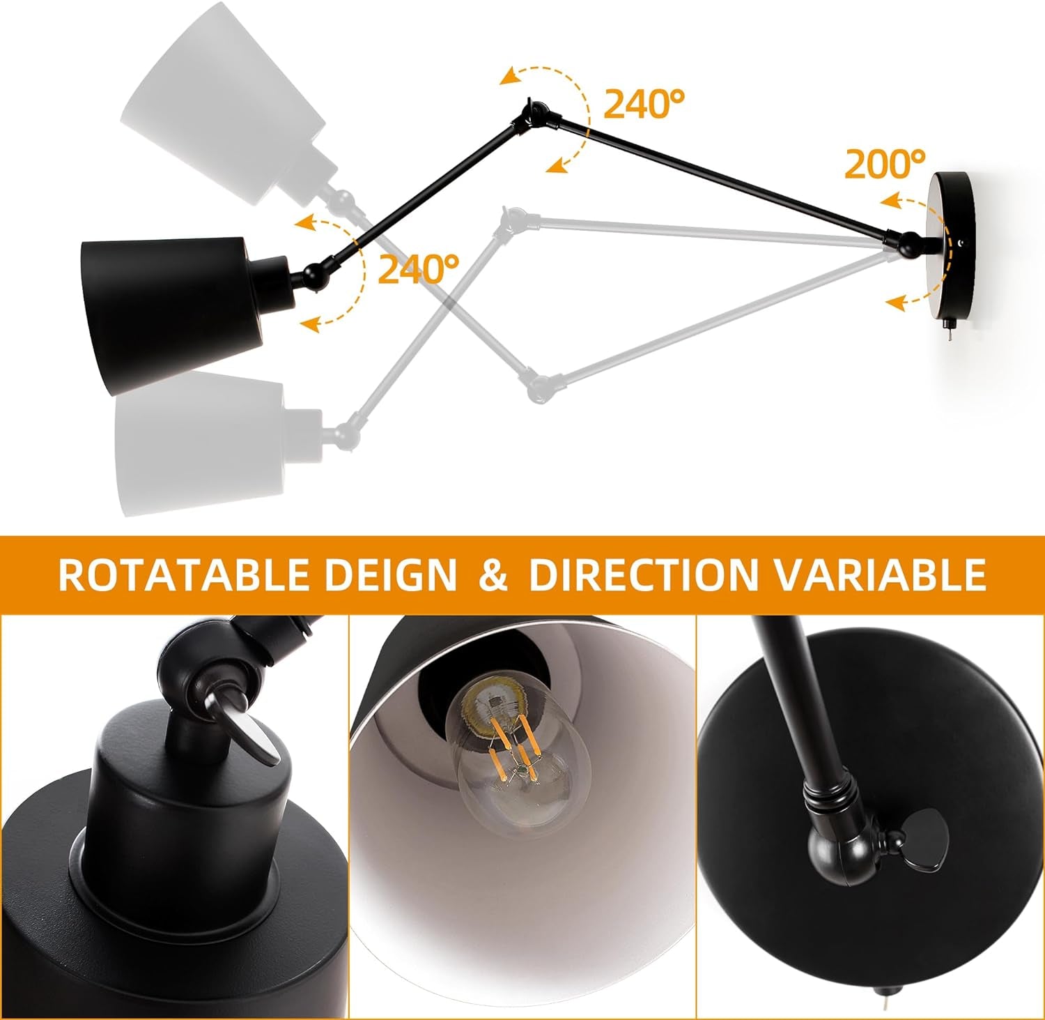 Lampade Da Parete Braccio Oscillante Con Interruttore, 60CM Nera Opaca Specchio Da Camera Illuminazioni per Pareti Lampade Applique Lampada Da Comodino Luce Di Lettura (Includi Lampadina)