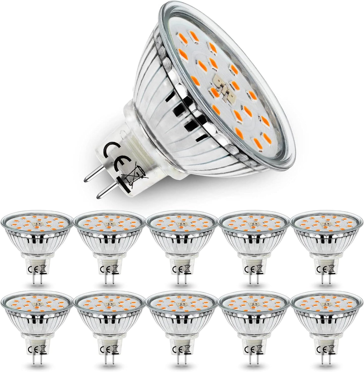 Confezione Da 10 Lampadine LED MR16 GU5.3, Bianco Caldo 3000K, 5W Equivalente a Lampadina Alogena 45W, AC/DC 12V LED Spot MR16 Luminoso 480LM, Angolo Di Emissione 120° Ø50X45Mm, Non Dimmerabile