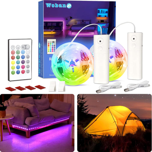 Strisce Led RGB Batteria Ricaricabile Con Telecomando, 2X2M Led Striscia Adesive Dimmerabile, 2000Mah Luci Led Illuminazione per Interni Decorazioni,Camera Da Letto,Mensole,Tv,Feste