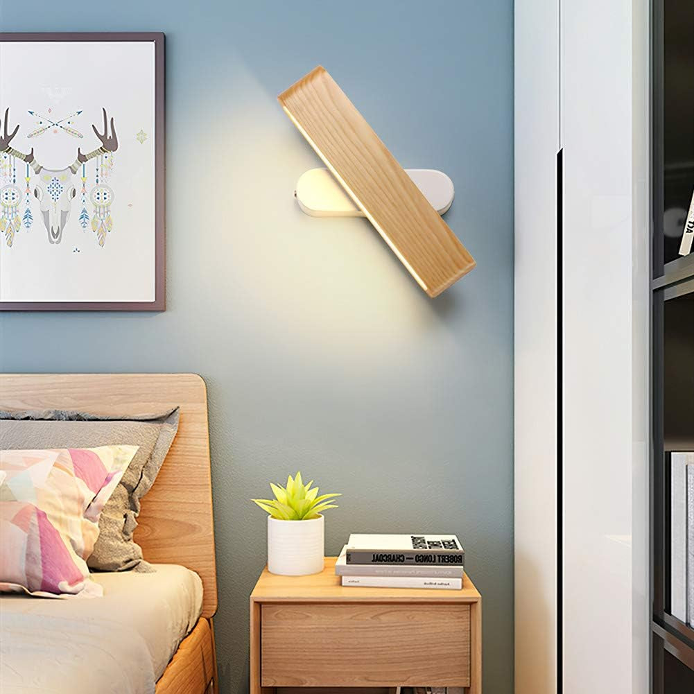 Applique LED, Lampada Da Parete Interno in Legno 360° Girevole per Soggiorno Camera Da Letto Corridoio Bianca Calda (28Cm)