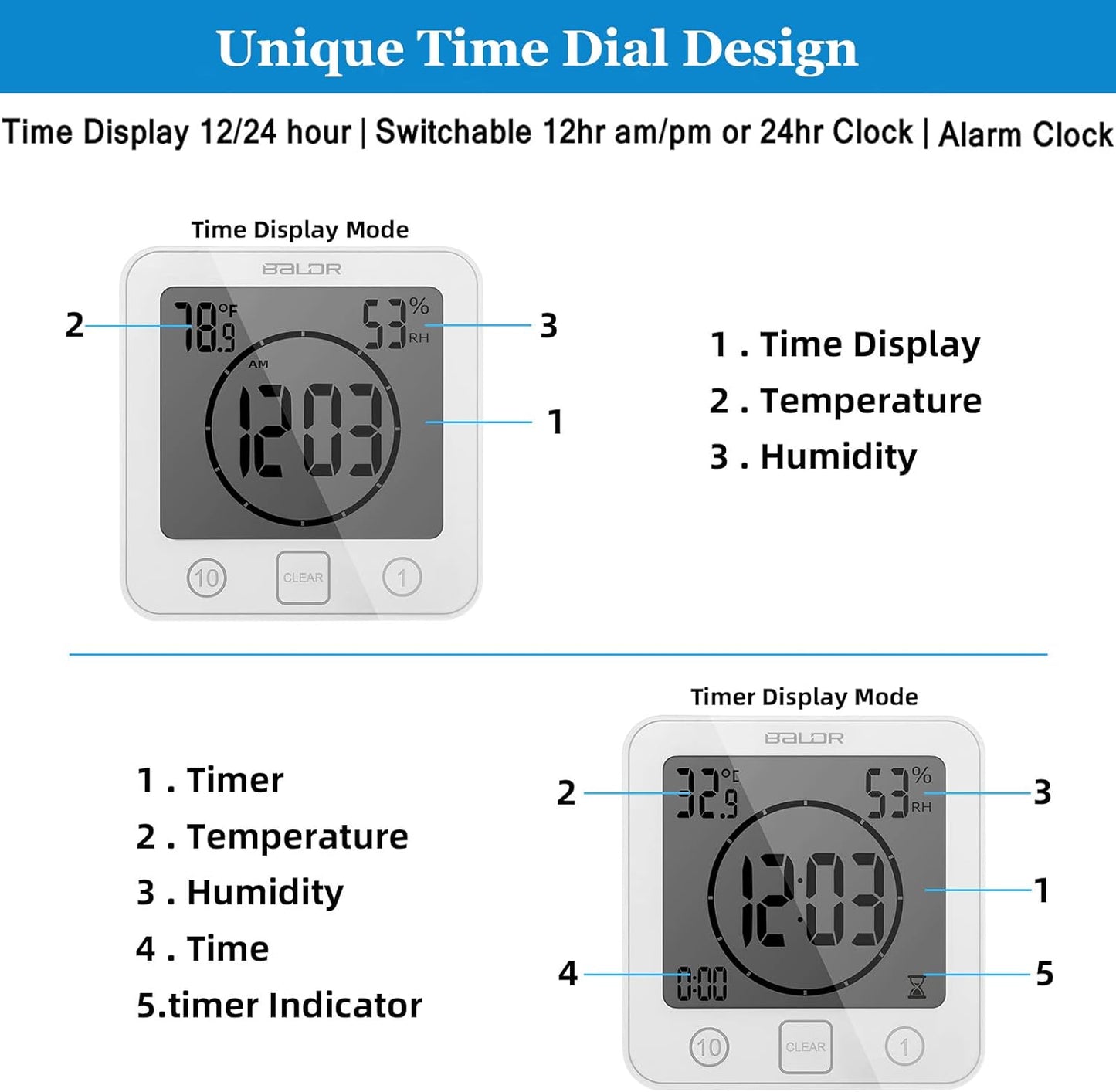 Orologio Da Bagno,Lgrometro Termometro Digitale,Monitor Umidità Da Interno,Stazione Meteo Con Espressione Facciale per Stanza Da Bambino LCD Touch Control Timer Allarme per Cucina Bagno