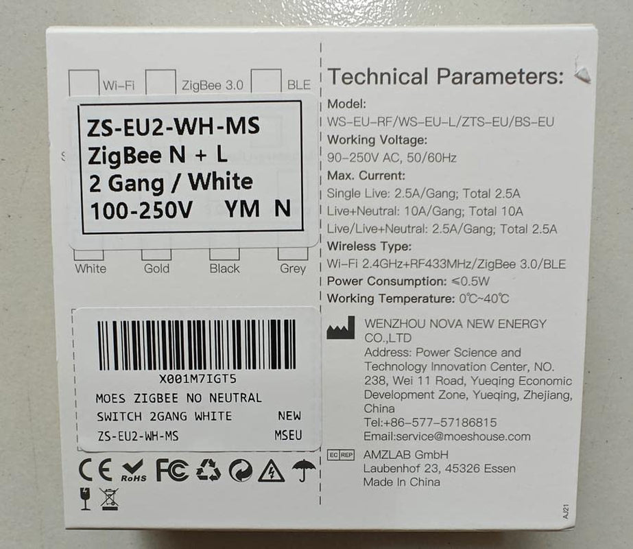 Zigbee Interruttore Intelligente, Richiede Tuya Zigbee HUB, Non Richiede Neutro, Non Richiede Condensatori, Compatibile Con L'App Smart Life Tuya Alexa Google Home, 2 Gang, Bianco