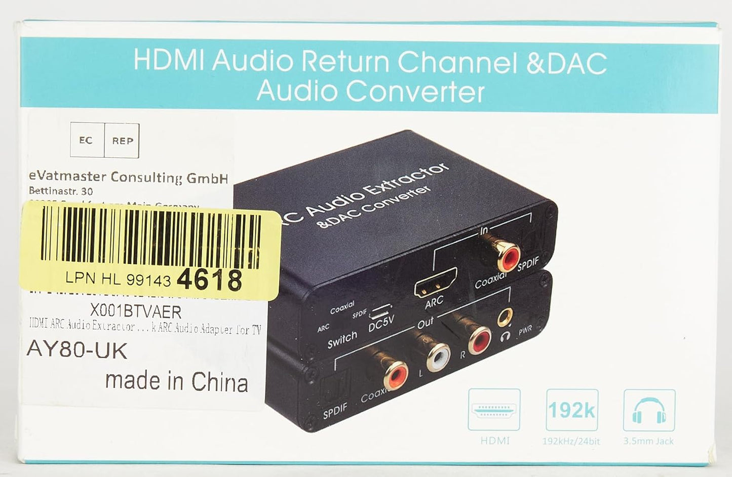 Arc Hdmi Extractor 2.0/5.1 Cec + 192Khz DAC Convertitore, Digitale Spdif Ottico Toslink Coassiale a Coax Spdif E Analogico RCA 3.5Mm Jack, Adattatore Audio per TV Phono Ampli Cuffie