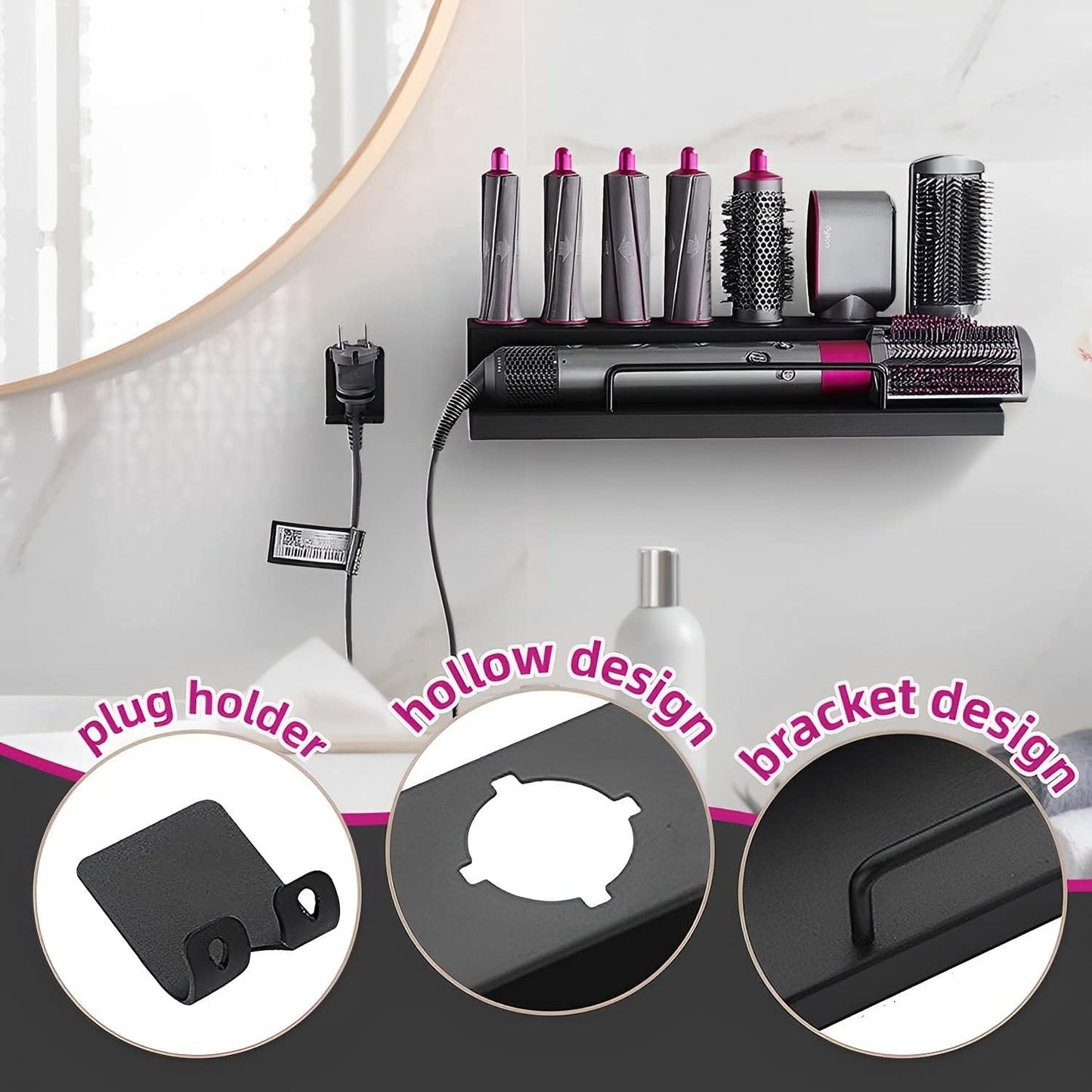 Supporto per Montaggio a Parete per Dyson Airwrap Accessori per Arricciacapelli Portaoggetti Con Adesivo per Casa Bagno Lega Di Alluminio Organizzatore Nero
