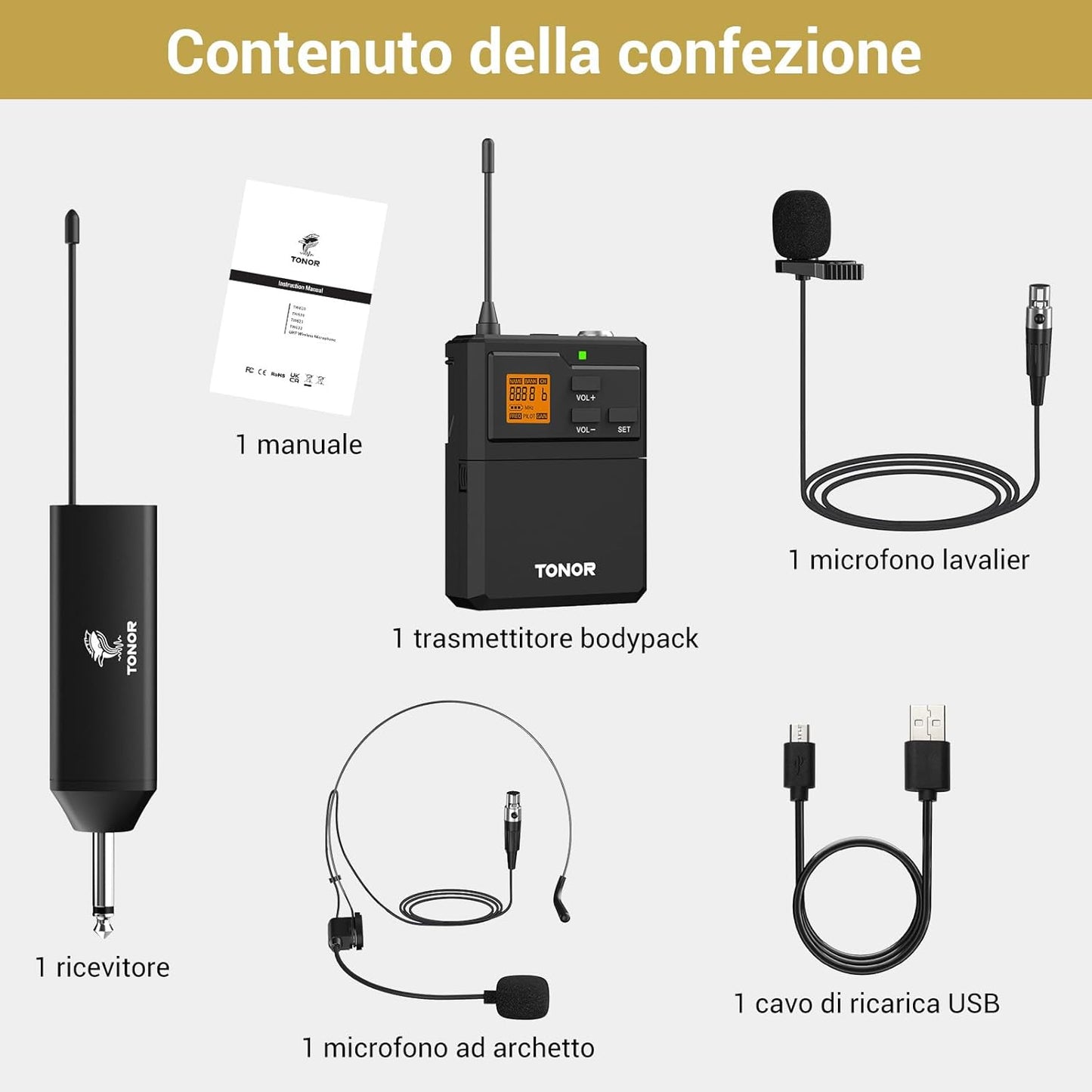 Microfono Wireless UHF Con Microfono Archetto/Lavalier Microphone Lapel Mic E Trasmettitore Bodypack E Mini Ricevitore Ricaricabile 1/4" Uscita, Distanza 60M Segnale Stabile per Prestazioni Live