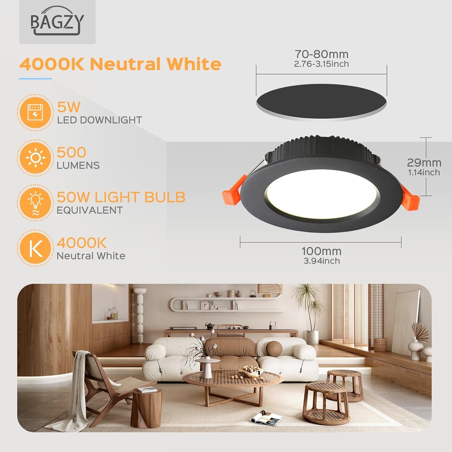 5X Faretti LED Da Incasso per Cartongesso,5W Luci Ultrasottili Da Soffitto E per L’Illuminazione Da Interno Ip44,Bianco Naturale 4000K,500 Lumen,Ac 220-240V,Foro Incasso 70-80Mm(Nero)