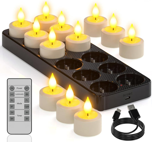 Candele a LED Con Funzione Timer, Telecomando, 12 Pezzi, Ricaricabili, Elettrici, USB, Ricaricabili Con Stazione Di Ricarica per Soggiorno, Stanza, Halloween, Natale, Feste, Moderne