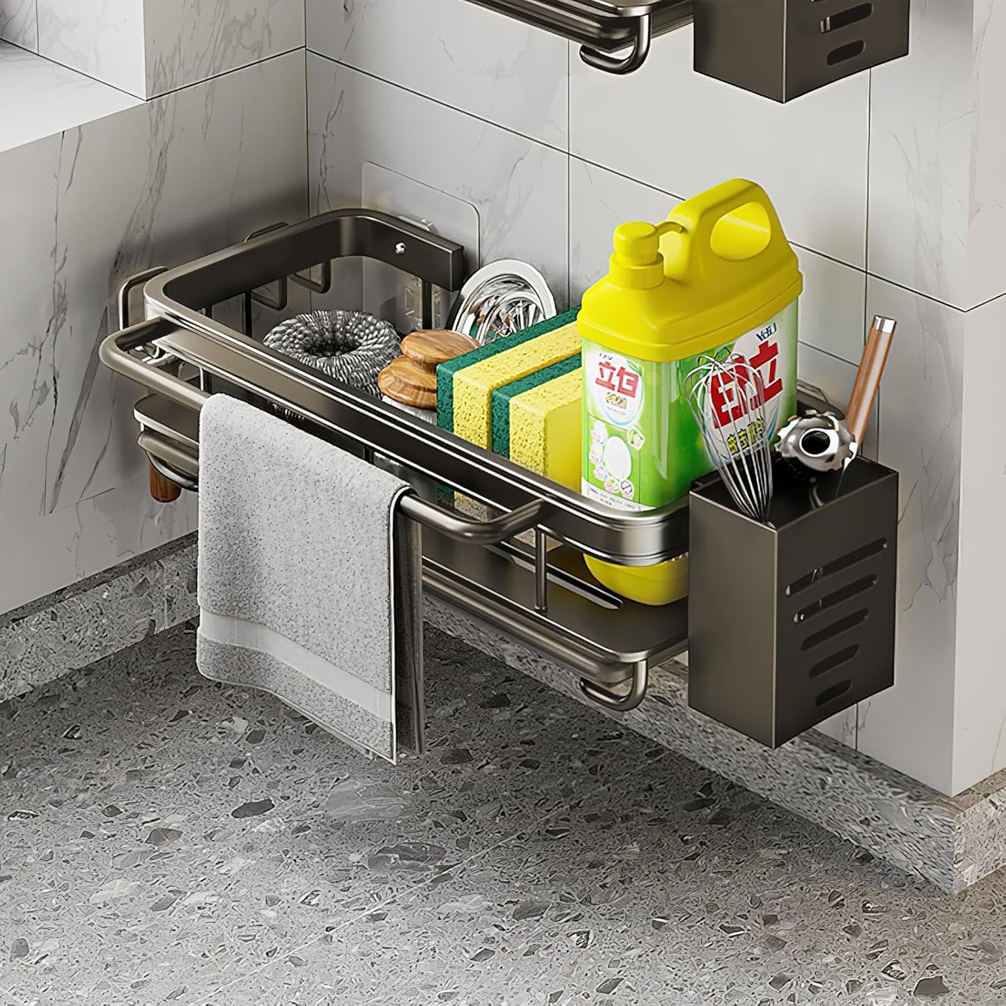 Organizzatore per Lavello in Metallo Gunmetal per Cucina E Bagno, Senza, Foratura, Lavandino, Organizer Da Cucina Con Vasca Di Scarico