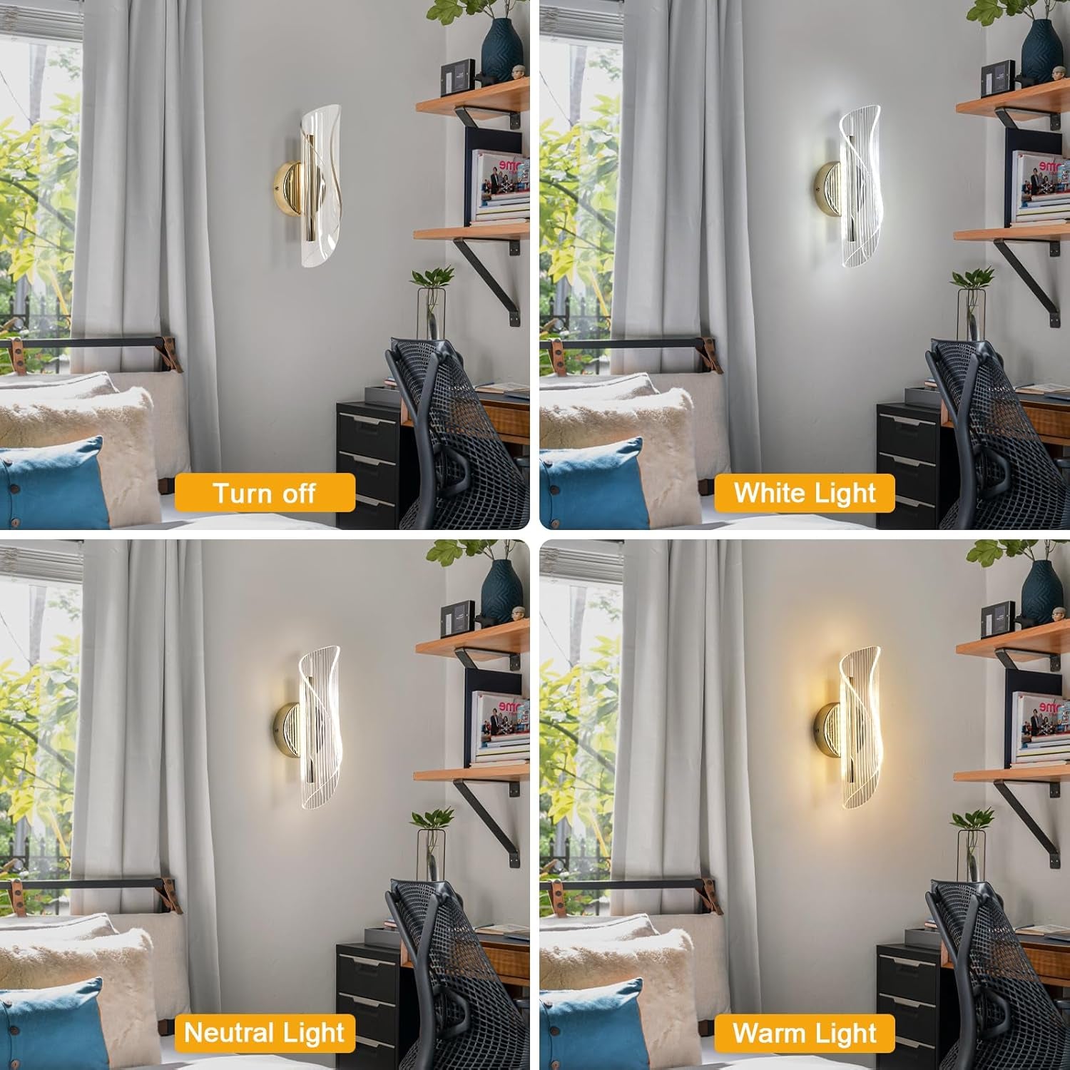 Applique Da Parete Interno, 16W 1800LM Lampada Da Parete a LED, 3000K&4500K&6500K Applique LED Creativo per Camera Da Letto Soggiorno Corridoio, Oro, 28 * 10CM