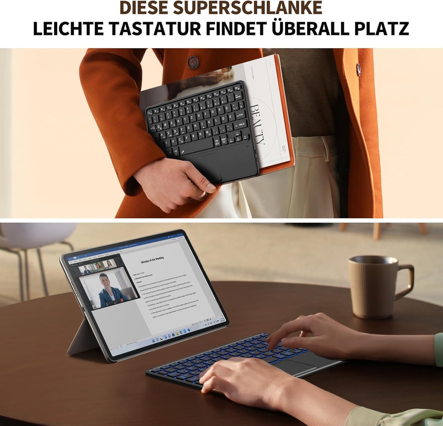 Tastiera Touchpad, Tastiera QWERTZ Senza Fili Con 7 Colori Illuminati Compatibile Con Ipad, Tablet Android, Windows, 10 Pollici, Nero