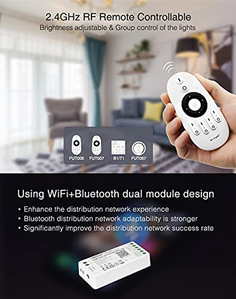 ®, Miboxer Dimmer Controller per Strisce LED Wifi Monocolore, Controllo Vocale Remoto E Controllo APP, Nessun Wifi-Box Necessario, Bluetooth 4.2, FUT036W