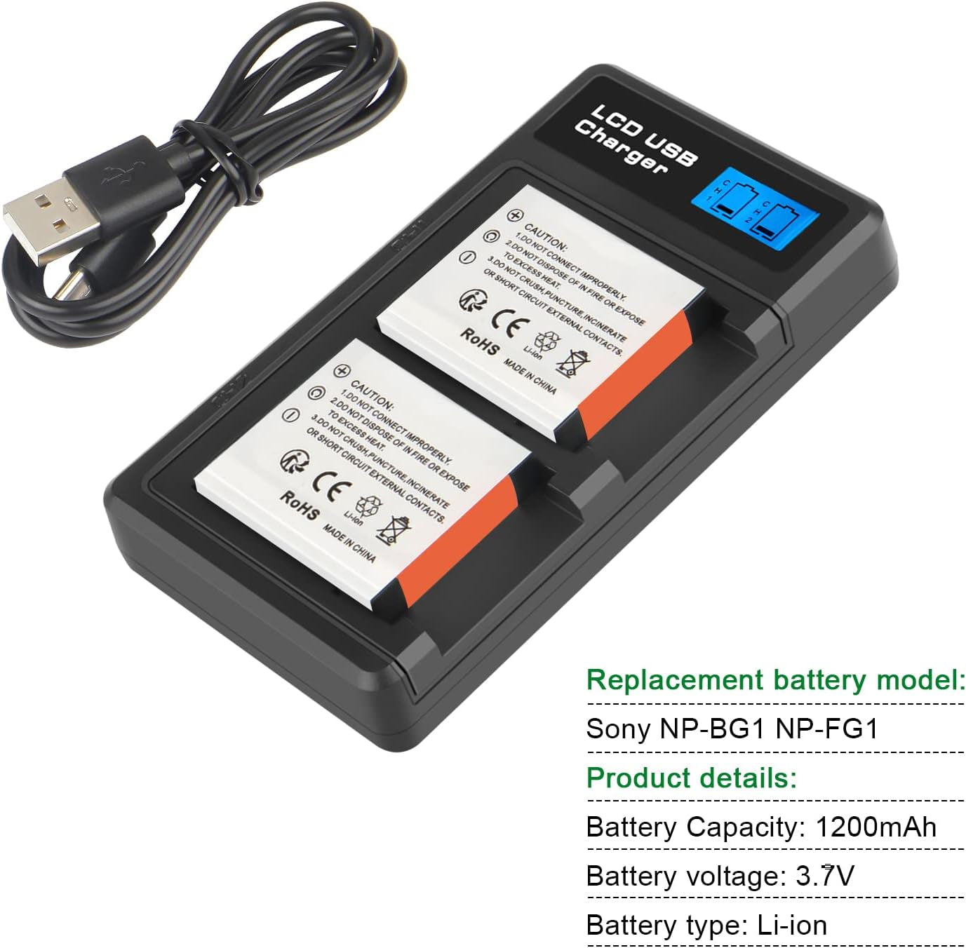 Batteria Agli Ioni Di Litio NP-BG1 Da 3.7V 1200Mah E Caricatore USB LCD per Sony Cyber-Shot DSC-W120 W150 W220 DSC-H3 H7 DSC-H9 DSC-H10 DSC-H20 DSC-H50 DSC-H55 DSC-H70 DSC-HX5V