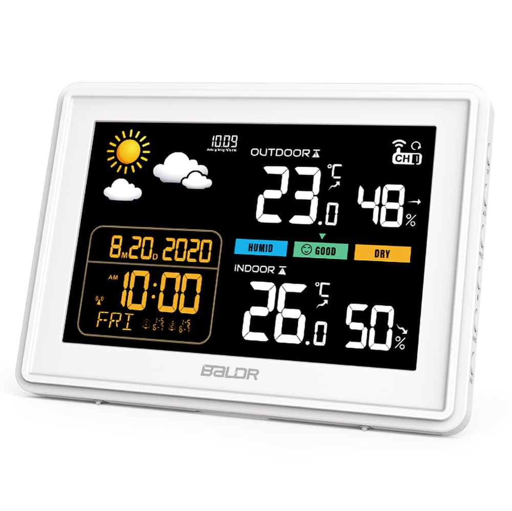 Stazione Meteo Radio Con Sensore Esterno, Orologio Radio DCF, Display a Colori Con Grandi Numeri Di Temperatura Interna Ed Esterna, Illuminazione Permanente, Previsioni Meteo, Visualizzazione