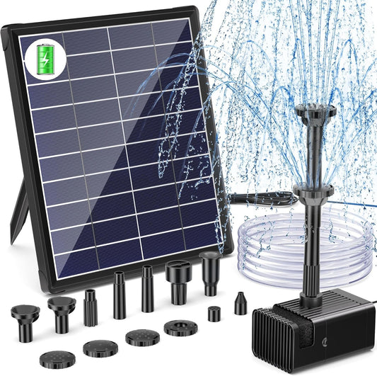 Fontana Solare Da Giardino per Esterno, Pompa Solare per Laghetto Da 5,5 W Con 1500Mah Batteria, 93,5 GPH, 1,2M Tubo Con 6 Ugelli Fontana Pompa Da Giardino, Bagno per Uccelli, Stagno, Piscina