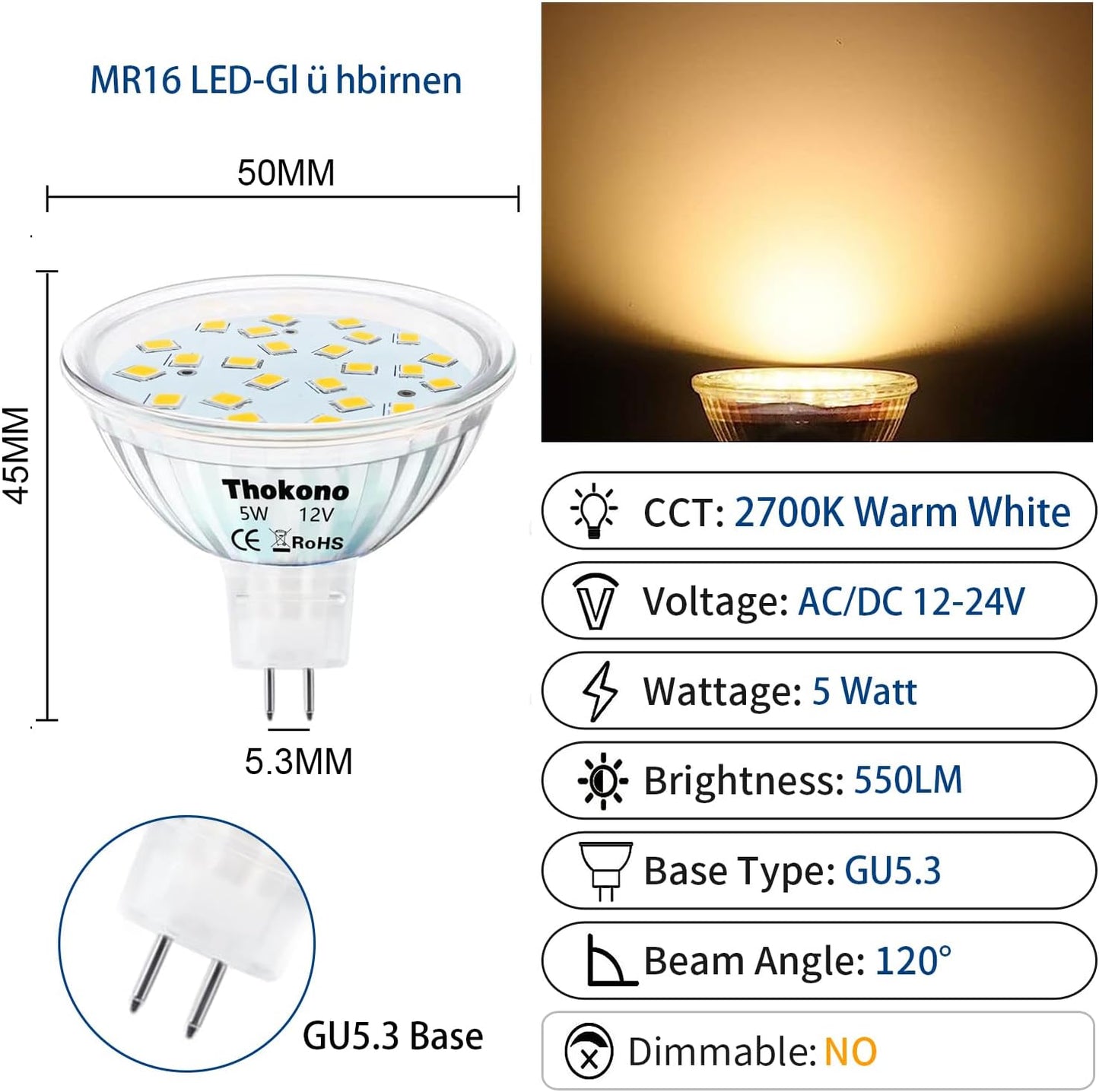 MR16 GU5.3 LED Bianco Caldo, 2700 K, 5 W, Sostituisce Lampadine Alogene Da 35 W, 550 Lm, Confezione Da 10 Pezzi, AC/DC 12 V-24 V, Senza Sfarfallio, Non Dimmerabile