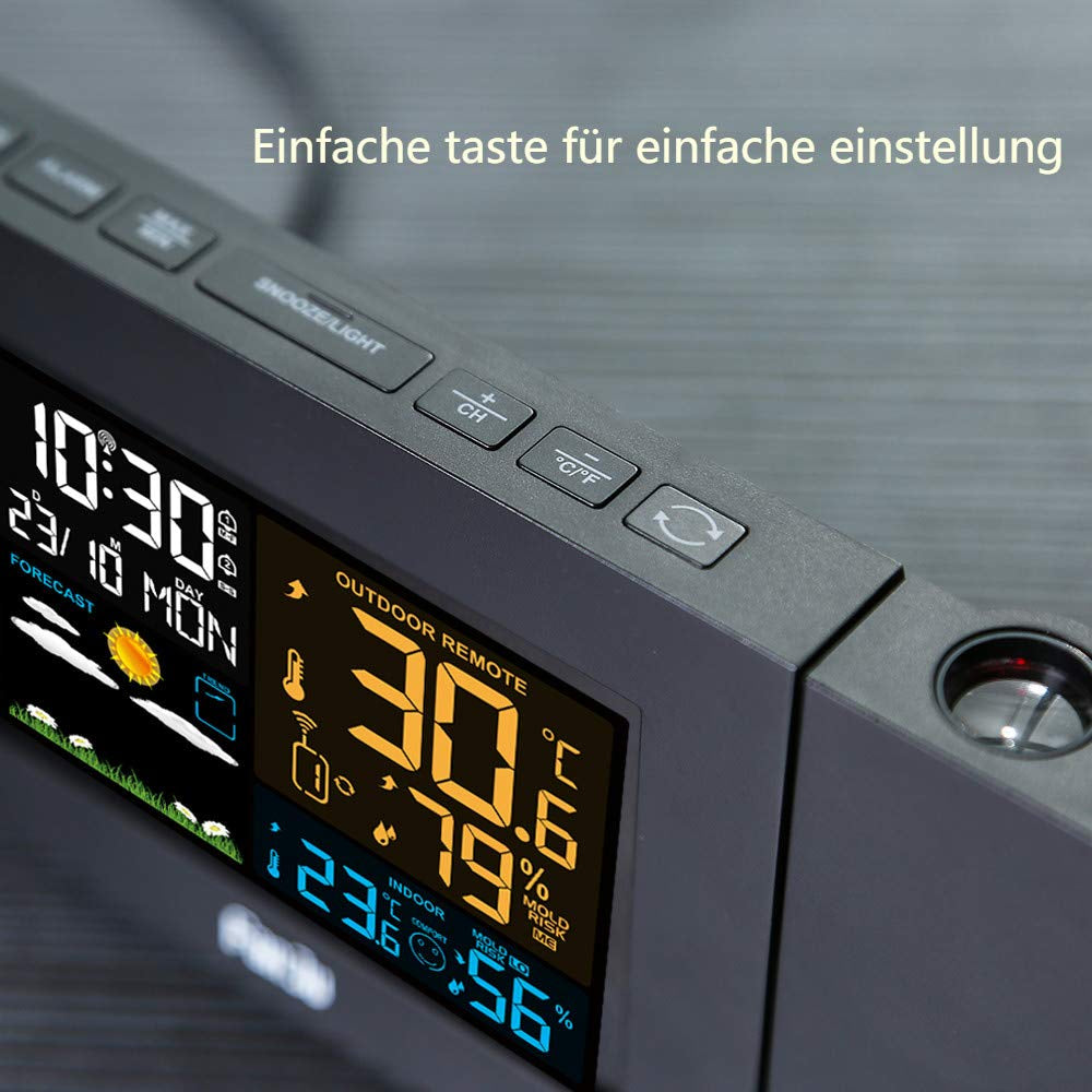 FJ3391 Stazione Meteorologica Wireless Con Sensore Esterno Sveglia Con Proiezione Temperatura Interna Ed Esterna E Umidità Fase Lunare Radiosveglia (Versione in Lingua Italiana Non Garantita)