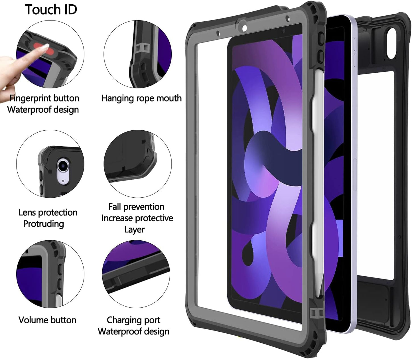 Custodia Impermeabile per Ipad Air 5/4 per Ipad Air 5/4A Generazione, Custodia Protettiva Completa Con Proteggi Schermo, Portamatite, Cavalletto, Cinturino, Antiurto, Antipolvere