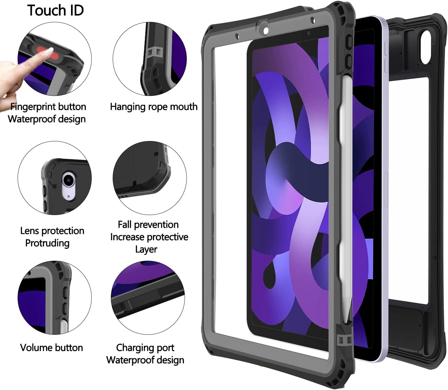 Custodia Impermeabile per Ipad Air 5/4 per Ipad Air 5/4A Generazione, Custodia Protettiva Completa Con Proteggi Schermo, Portamatite, Cavalletto, Cinturino, Antiurto, Antipolvere