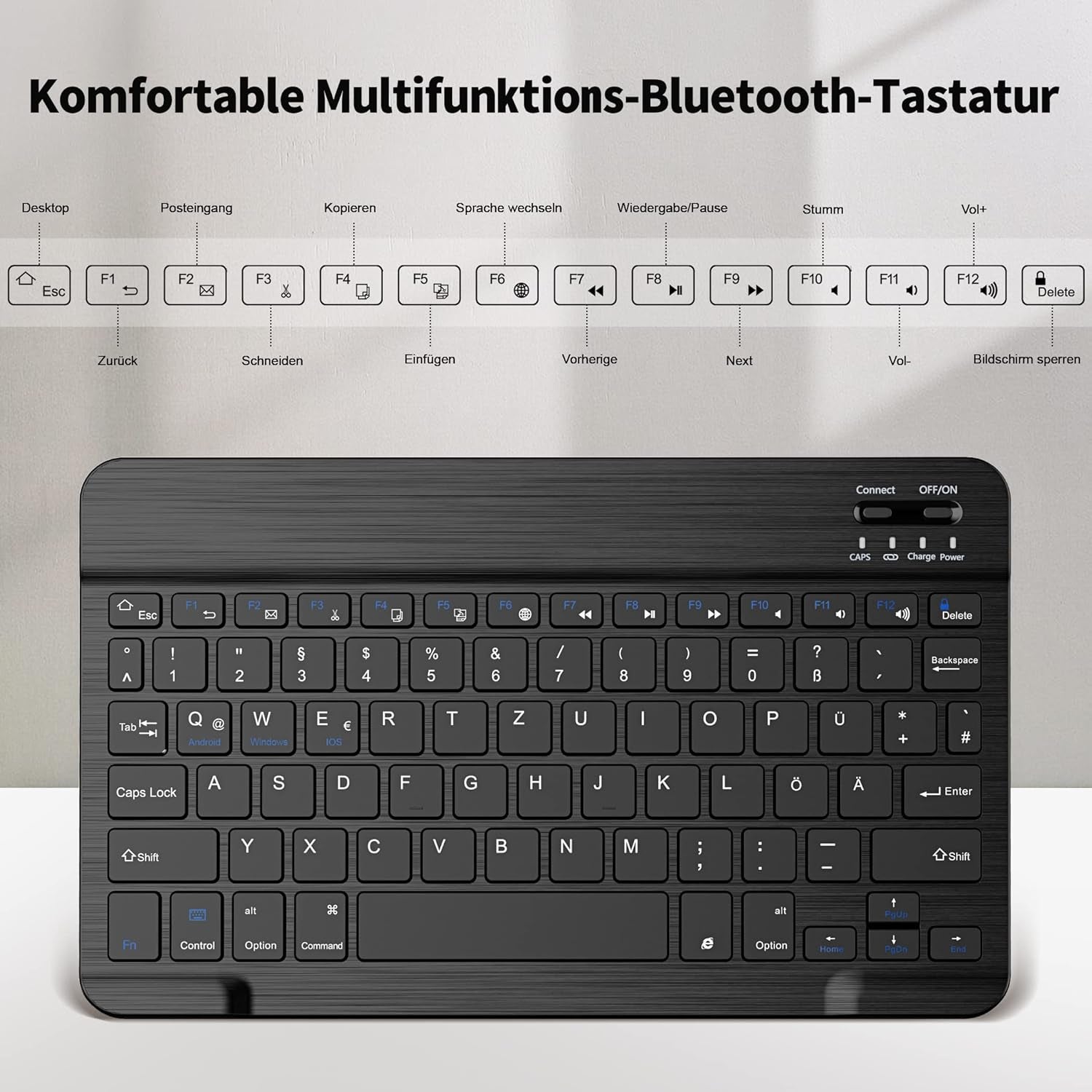 Tastiera Bluetooth, Tastiera Wireless Bluetooth Compatibile Con Windows/Android/Ios, Tastiera Con Tablet QWERTZ Tedesco, Tastiera per Tutti I Tablet Da 10" Con Cavo USB Da 15 Cm, Colore: Nero