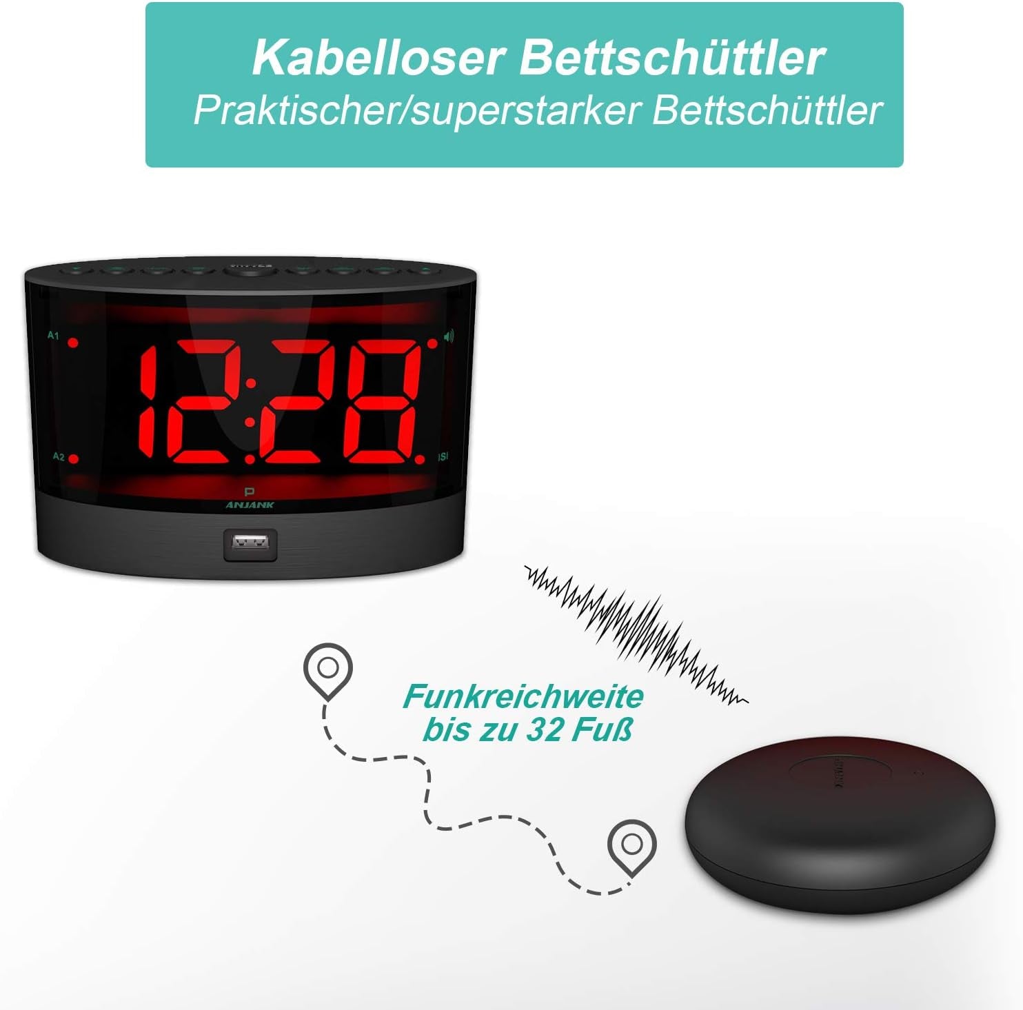 Sveglia Vibrante Senza Fili Estremamente Forte Con Shaker Elettrico per Assenza Di Udito,Disturbi Dell'Udito, Sonno Profondo,Doppio Allarme, Backup Della Batteria,Caricatore Usb,Grande Display