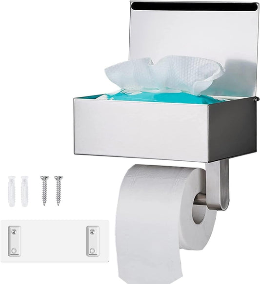 Porta Carta Igienica,  Porta Carta Igienica Bagno Con Scatola per Salviettine Umidificate, Autoadesiva Porta Rotolo Di Porta Carta Igienica Da Muro per Bagno Cucina, Acciaio Inox Argento