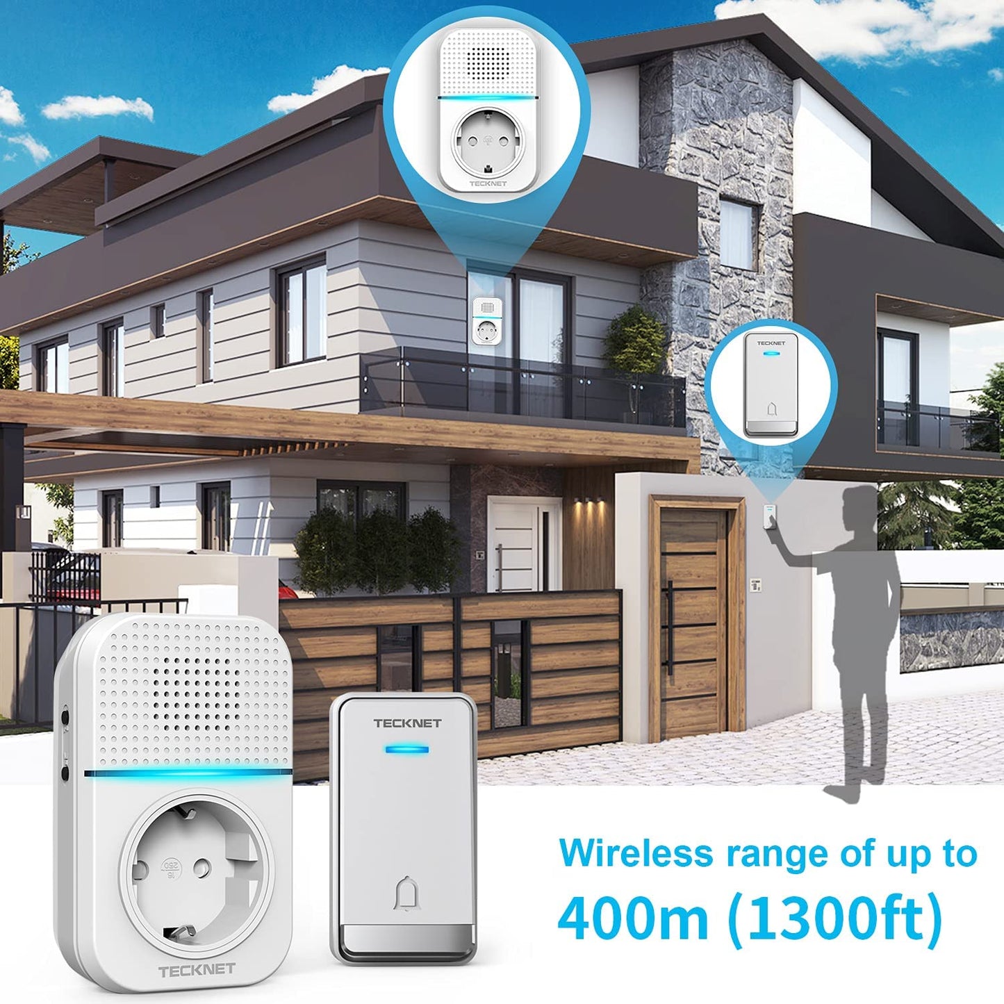 Campanello Senza Fili, Campanello Wireless Impermeabile Con Senza Batteria, Utilizzare Nella Presa EU, Display a LED, 5 Livelli Di Volume, 60 Suonerie, 400 M
