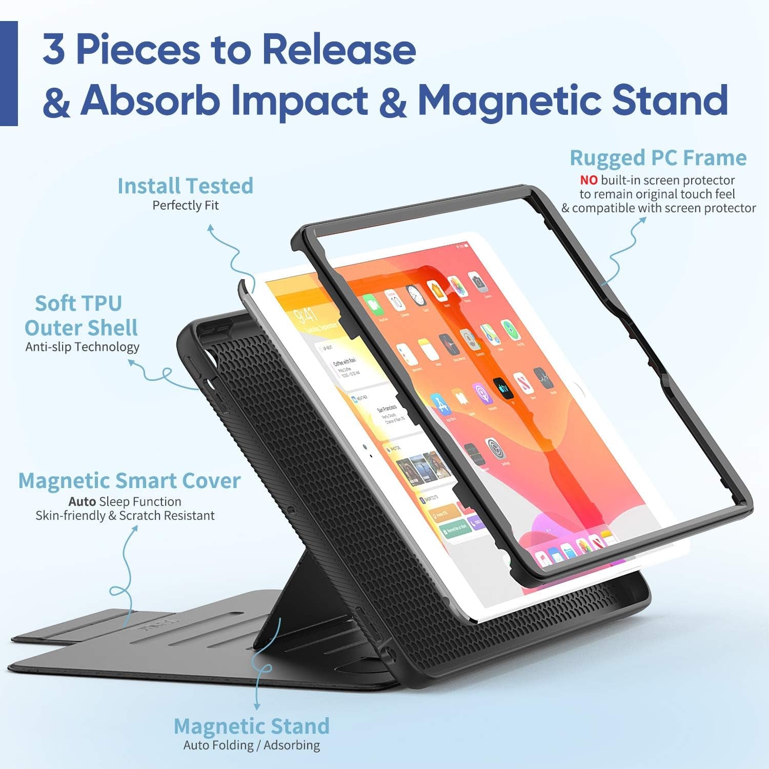 Custodia per Ipad 6A/5A Generazione/Air 2 / Pro 9,7 Pollici, Custodia Antiurto per Ipad 9.7 Con Portamatite [Forte Magnetico] Supporto Multiangolo & Slot per Schede (Nero)