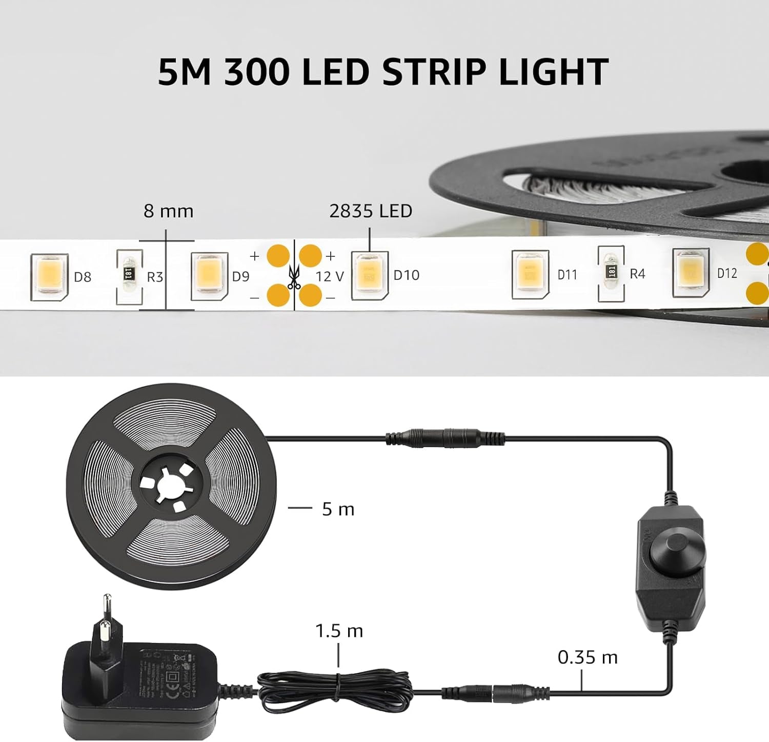 Striscia LED 5M 300LED SMD2835 Dimmerabile, 15W 1200Lm Luce Nastro Luminoso Bianco Freddo 6000K per Decorazioni Interne, Kit Completo 2 Connettori, Alimentatore E Interruttore Dimmer