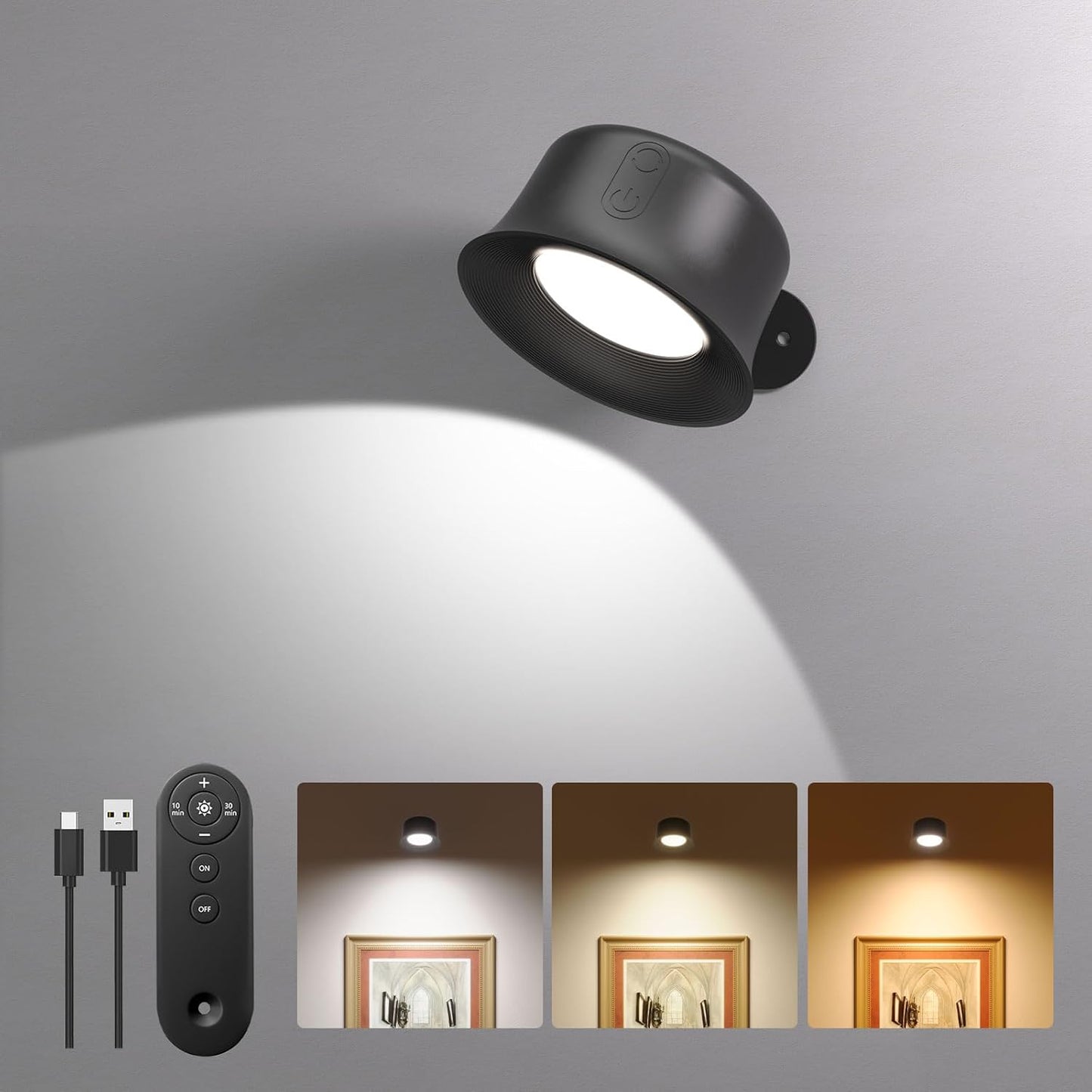 Luce Da Parete LED Interna,Lampada Da Parete Con Batteria Ricaricabile,Telecomando Con Controllo Tattile,Rotazione a 360°, Lampade Da Parete Wireless per Soggiorno Camera Da Letto, Nero 1 Pezzo