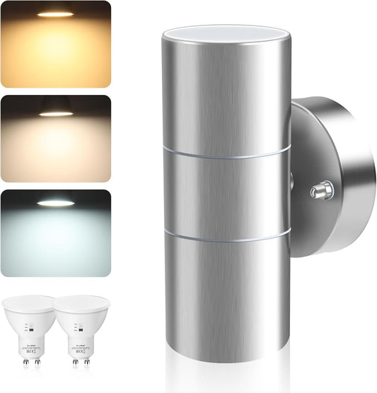 Acciaio Inox LED Lampade Da Parete Applique Da Esterno 8W 750LM up down Applique Da Parete Esterni, Con 2X Lampadine GU10 Variabile 3000K 4000K 6000K, IP65 Impermeabile per Portico Giardino, Argento