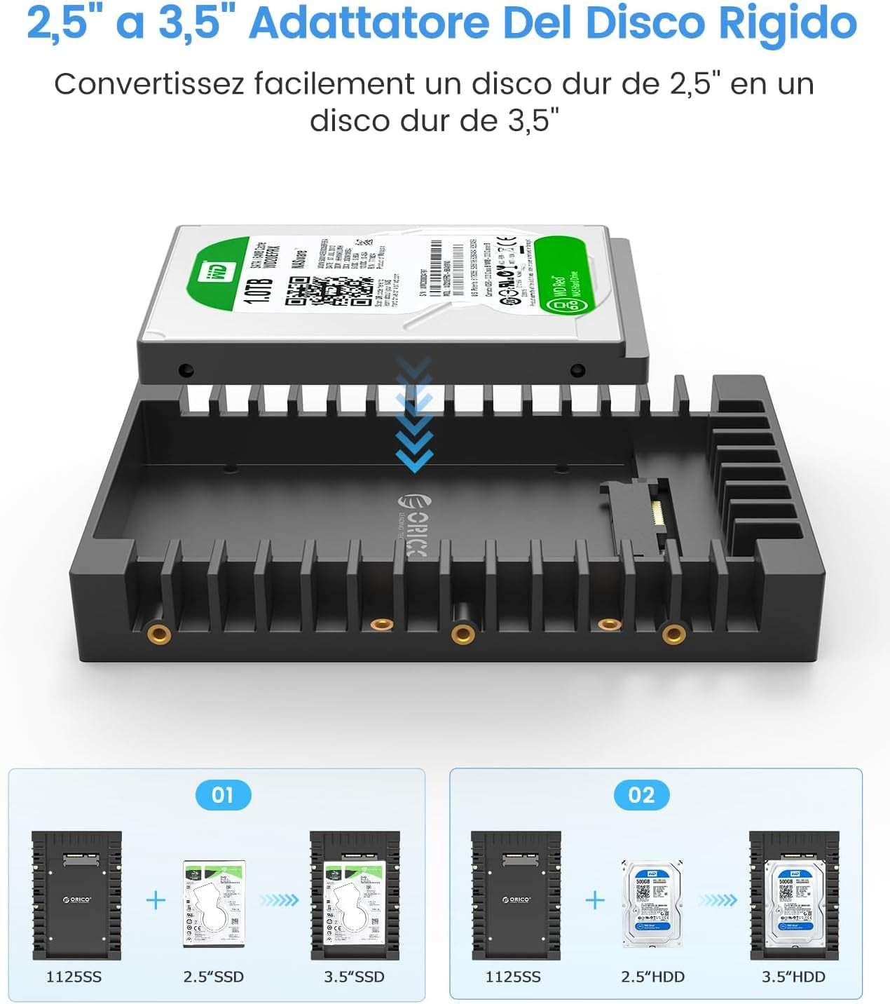 Telaio Di Montaggio per Dischi Rigidi 5 Pezzi Adattatore Hard Disk Interno Da 2,5" a 3,5" Staffe Di Montaggio Rimovibili per 2,5 Pollici SATA HDD O SSD Incluse Viti -1125SS-5