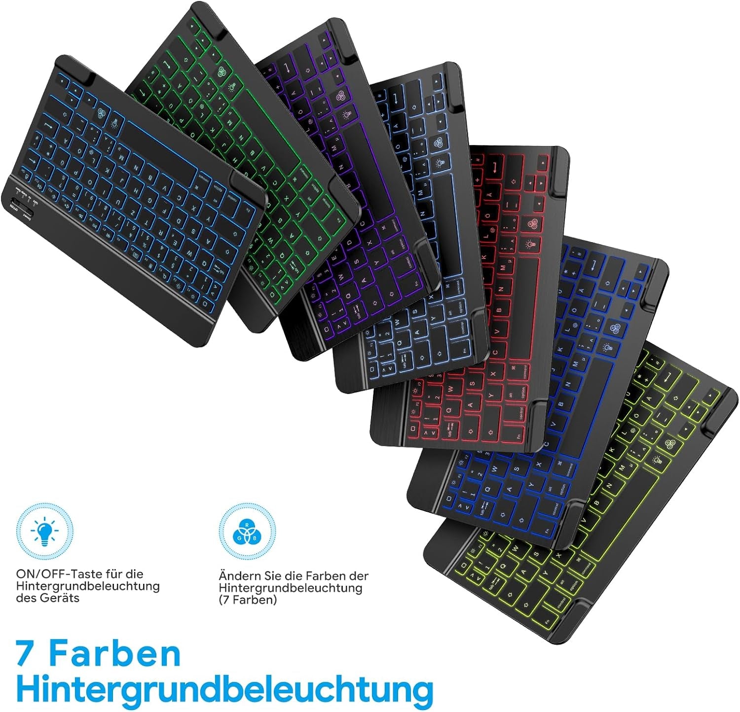 Tastiera Wireless per Ipad, Tastiera Bluetooth Ricaricabile Con Ipad Air/Ipad Pro/Mini/Ipad 10.9/Iphone, Ultra Sottile, [7 Colori Illuminati], Layout QWERTZ, Tastiera Ipad