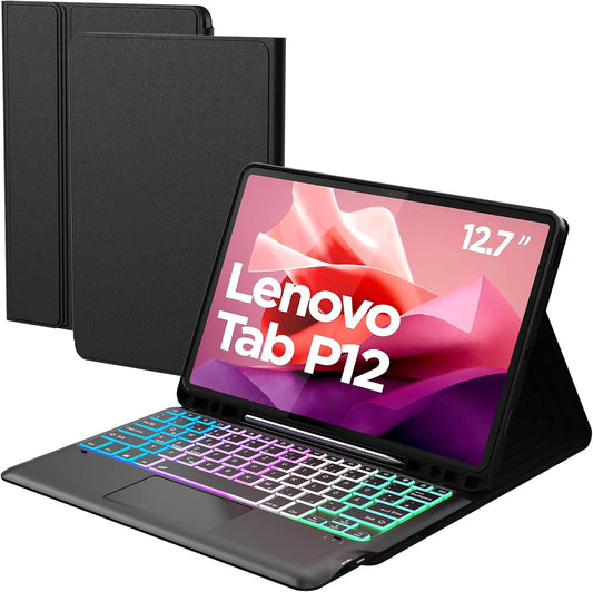 Custodia per Lenovo Tab P12 Da 12,7 Pollici, Con Tastiera Rimovibile: Fai Da Te a 3 Zone, Illuminazione a 7 Colori, Tastiera Con Trackpad, Custodia per Tastiera QWERTZ Con Portapenne per Lenovo Tab