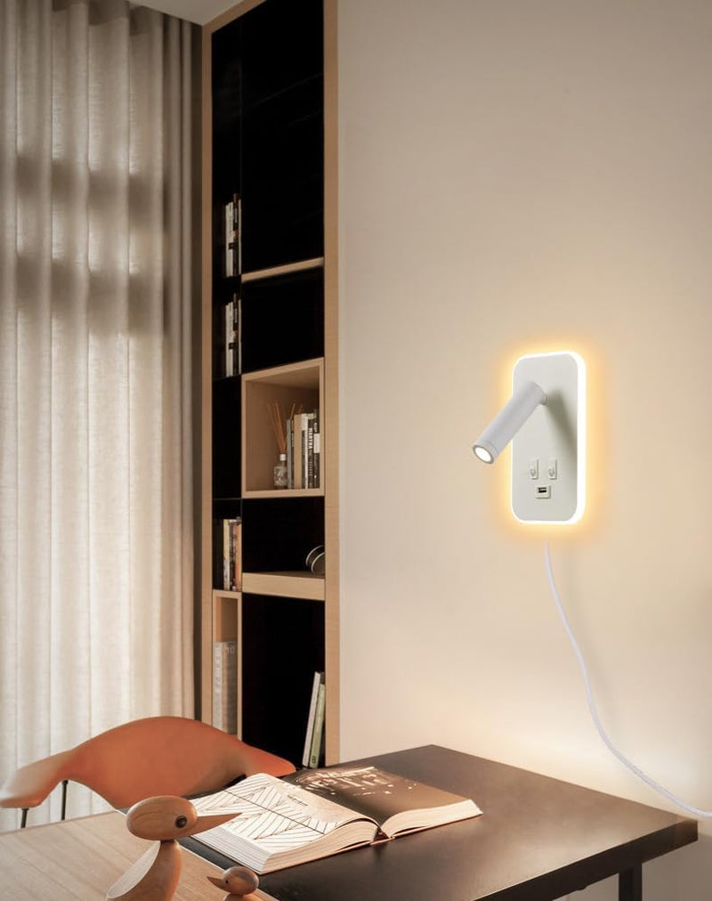 Lampada Da Parete a LED, Lampada Da Lettura Da Comodino, Con Porta Di Ricarica USB, Faretto Regolabile Con Luce Ambientale per Camera Da Letto (3W 3100K+9W 6000K) Con Cavo E Spina, Bianco