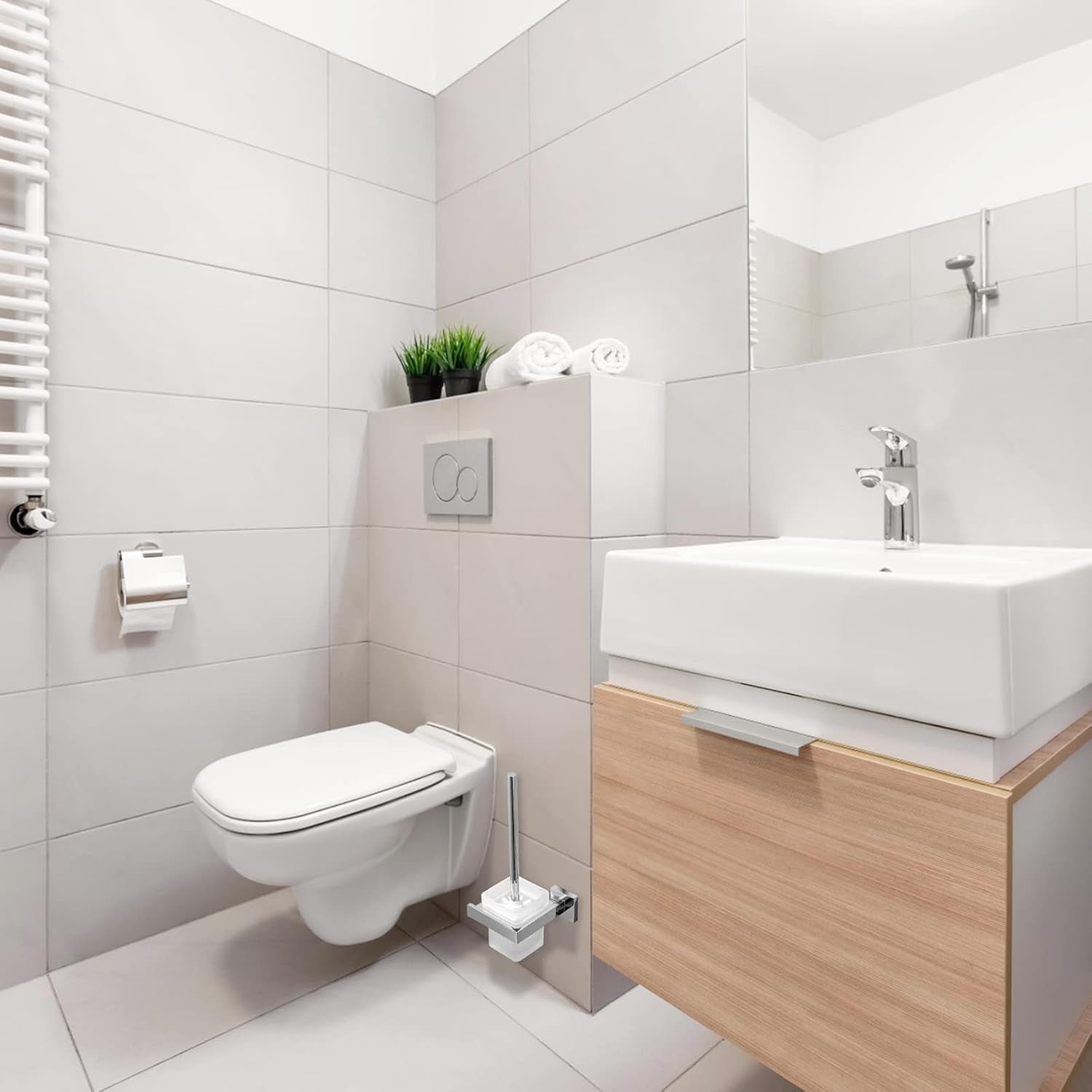 Spazzola WC Bagno in Vetro Parete Porta Scopino, Con 2 Testina E Portascopino Acciaio Inox, Quadrato Porta Spazzolino, Set Di Scopini per Bagno, Smerigliato Vetro, Argento Cromo Supporto