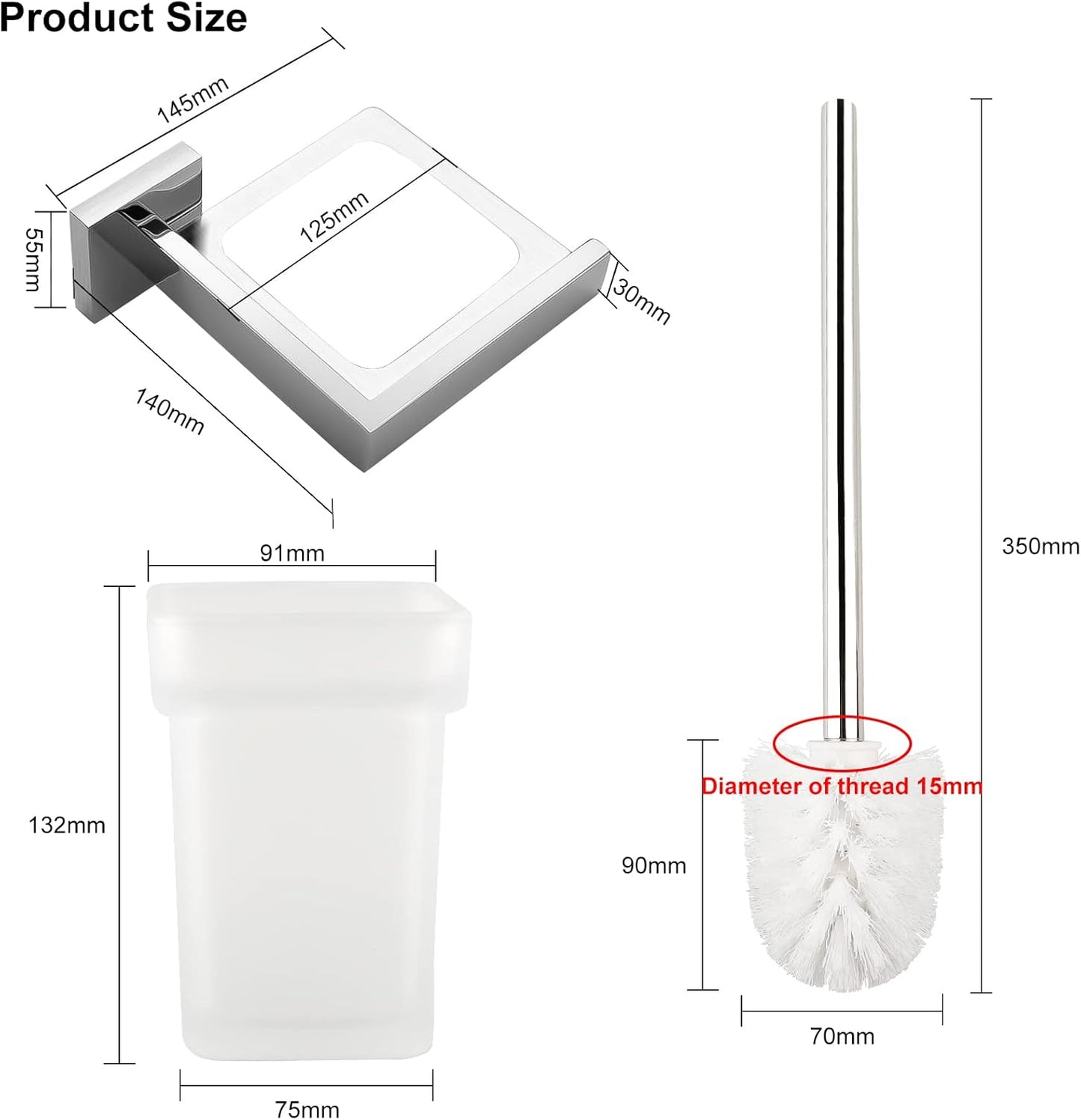 Spazzola WC Bagno in Vetro Parete Porta Scopino, Con 2 Testina E Portascopino Acciaio Inox, Quadrato Porta Spazzolino, Set Di Scopini per Bagno, Smerigliato Vetro, Argento Cromo Supporto
