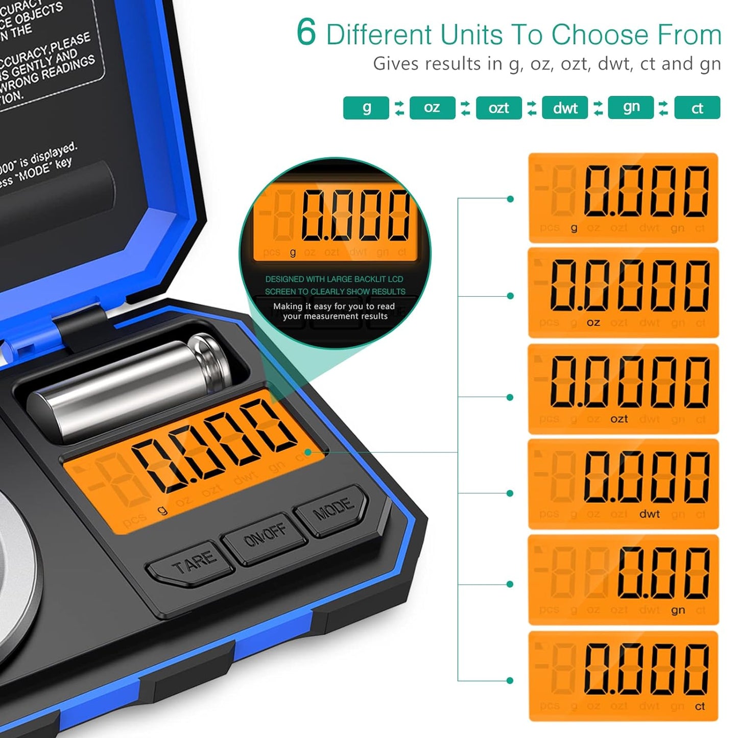 Báscula Digital De Precisión 50G/0.001G,  Mini Bilancia Da Cucina Con Peso Di Calibrazione 50 G E Pinzette, Bilancia Tascabile Con Display Tara E Retroilluminato (Batterie Incluse) - Blu