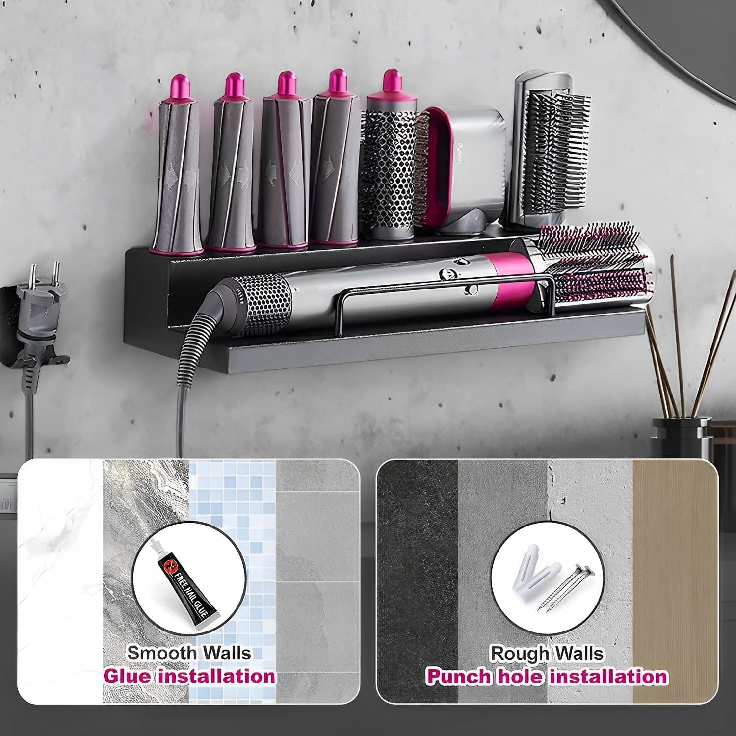 Supporto per Montaggio a Parete per Dyson Airwrap Accessori per Arricciacapelli Portaoggetti Con Adesivo per Casa Bagno Lega Di Alluminio Organizzatore Nero