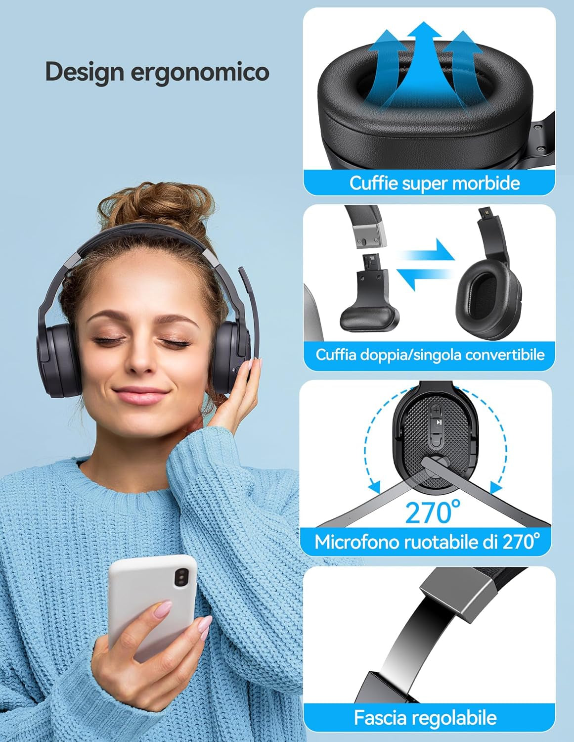Cuffie Bluetooth Con Microfono, USB Dongle Cancellazione Del Rumore Singolo E Doppio Auricolare Senza Fili Con 3 Modalità Di Musica EQ, Cuffie PC per Call Center, Ufficio, Camion