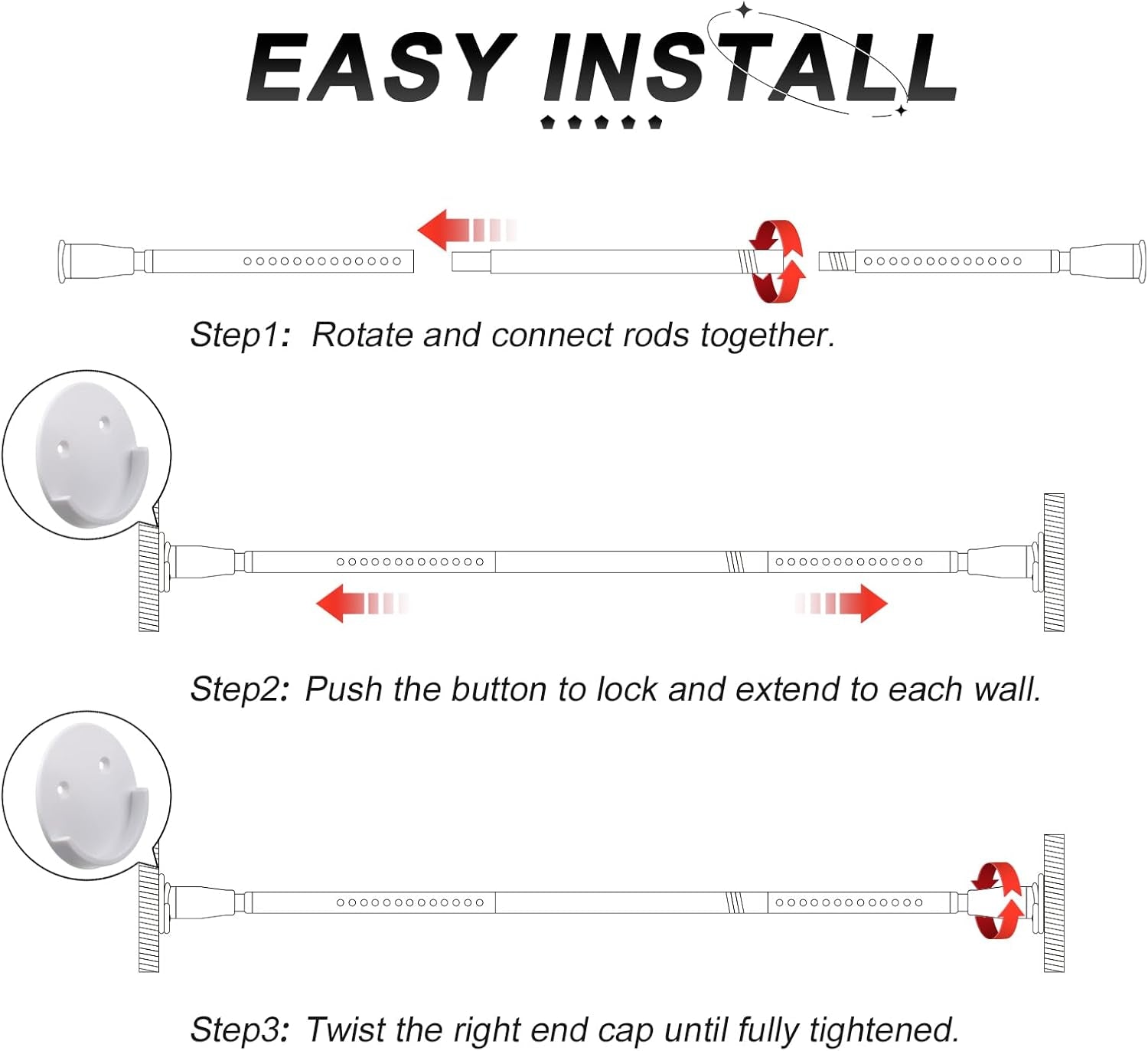 Bastone per Tenda Da Doccia, 109-221 Cm, Con Supporto per Asta per Tenda Da Doccia, Colore: Bianco