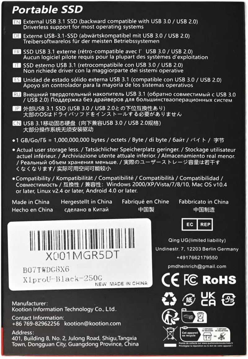 250GB SSD Esterno Hard Disk Solido Esterno Portatile Disco Rigido USB C 3.1, Alta Velocità Di Lettura E Scrittura Fino a 550 Mb/S E 500 Mb/S, per Macbook, Computer, Laptop, Desktop, Nero