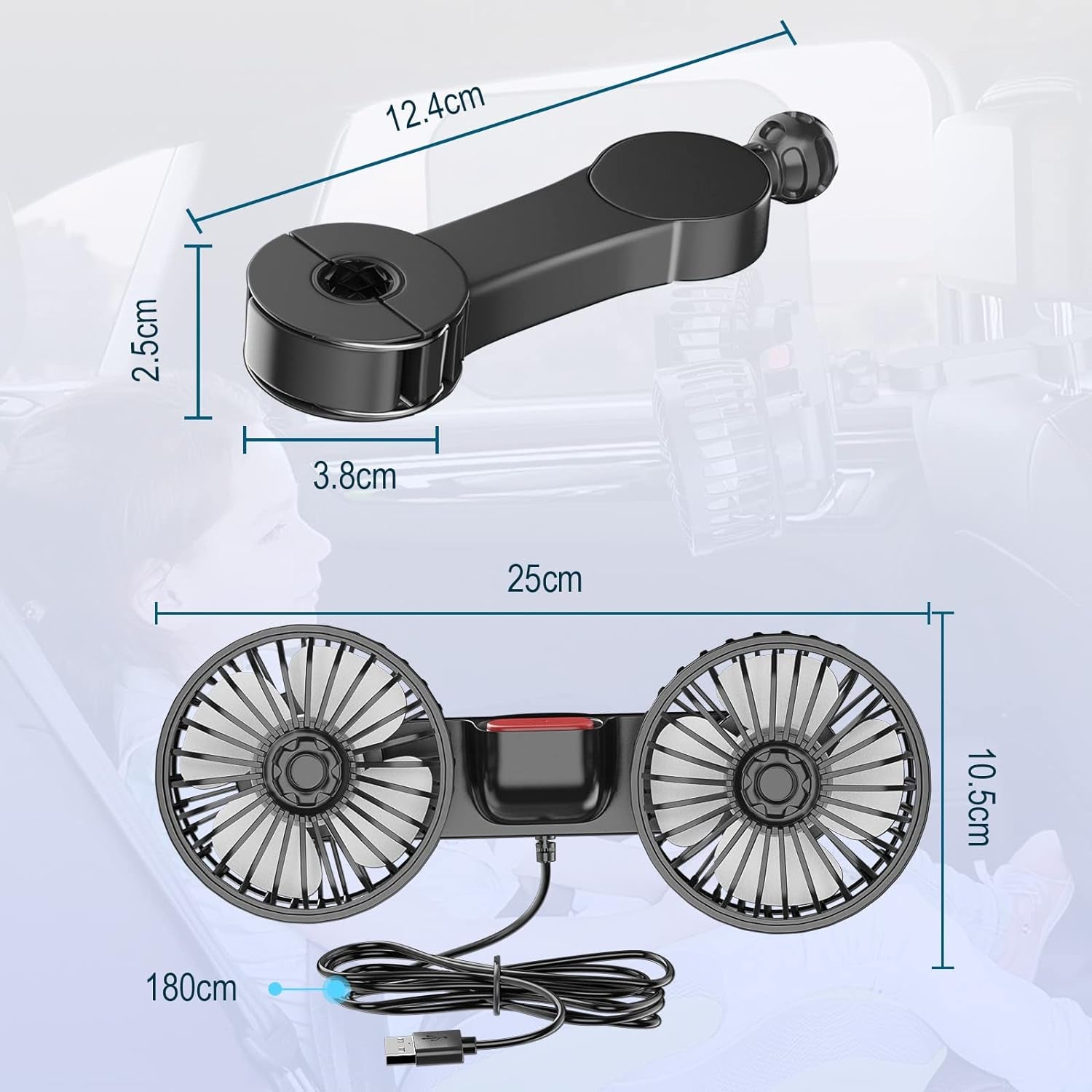 5V 2A Ventilatore Auto a Doppia Testa per Poggiatesta, Ventilatori USB Ventilatore Portatile Ventilatore Silenzioso Raffrescatore D'Aria Con 3 Velocità, 360° Ventilatore Da Tavolo Silenzioso